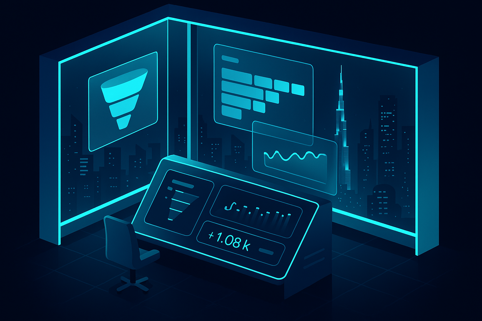 A 3D isometric glass control room with Dubai skyline outside the window, a dark mode analytics console glowing cyan, funnels and cohort charts floating as translucent layers, and a PWA install metric ticker updating live