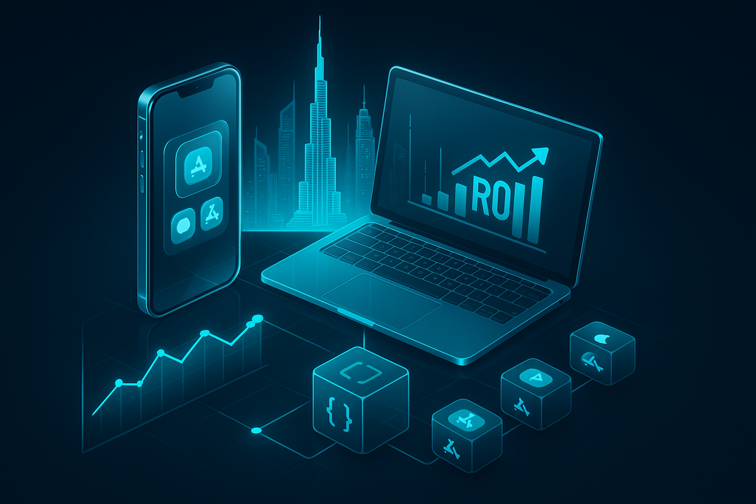 A detailed, futuristic 3D isometric description of a glassy smartphone and laptop floating above a neon cyan ROI graph, with a holographic Dubai skyline in the background. App icons softly glow, while a single codebase cube branches into web, Play Store, and App Store tiles, all rendered in dark mode glassmorphism.
