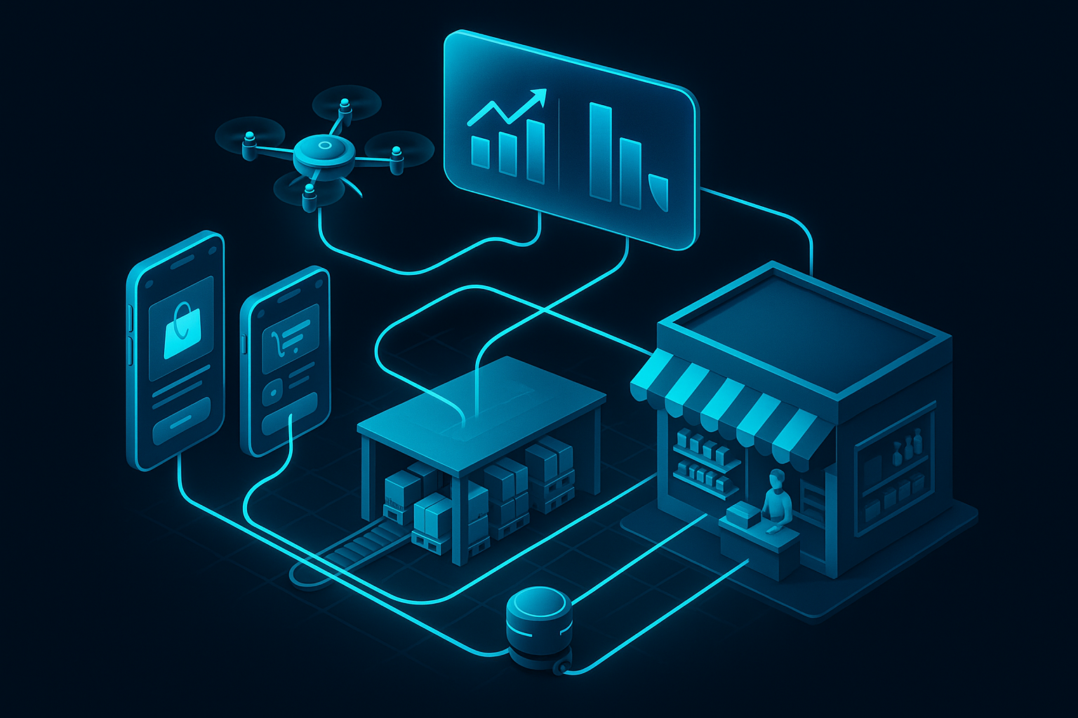 A detailed, futuristic 3D isometric warehouse and retail scene where cyan #00D4FF lines show orders flowing from a PWA on phones to logistics drones, with a glassmorphism dashboard floating above displaying conversion lifts and CAC reduction