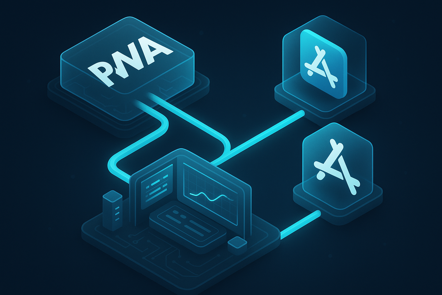 A detailed, futuristic 3D isometric cutaway of a single PWA codebase branching into native looking app icons for Google Play and App Store, with cyan pipelines merging into one deployment dashboard in a glassmorphism control room