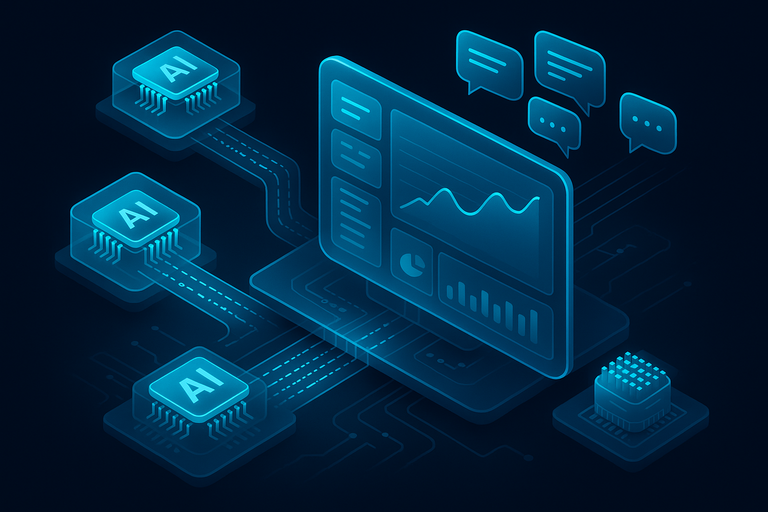 A detailed, futuristic 3D isometric control room with AI chips, data streams, and multilingual chat bubbles flowing into a central enterprise dashboard, all in glassmorphism panels with cyan #00D4FF glows