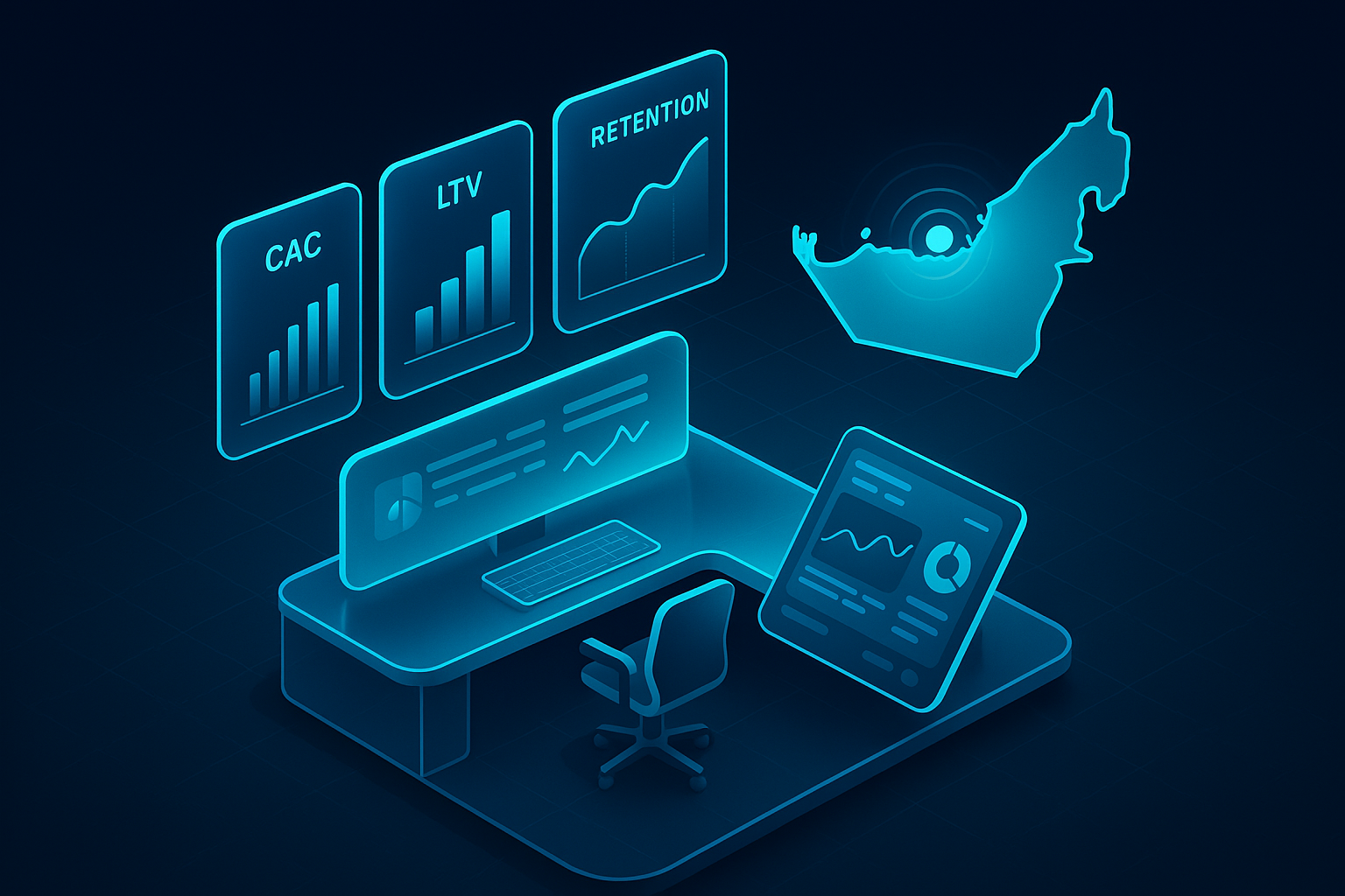 A detailed, futuristic 3D isometric analytics command center in glassmorphism style, with cyan #00D4FF illuminated charts for CAC, LTV, and retention, a map of the UAE with pulse signals over Dubai, and a tablet showing a PWA dashboard widget.