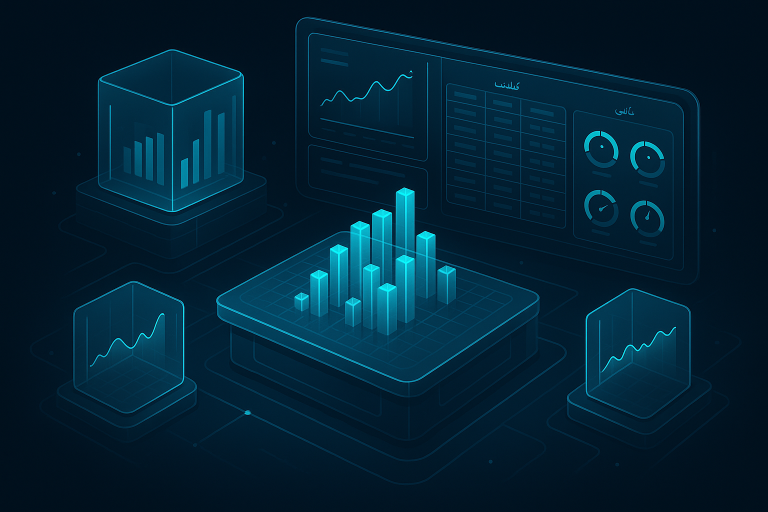 A detailed, futuristic 3D isometric description of an executive analytics war room with holographic charts, cohort tables, and KPI gauges in cyan #00D4FF, set against a dark mode glassmorphism interface with Arabic and English labels