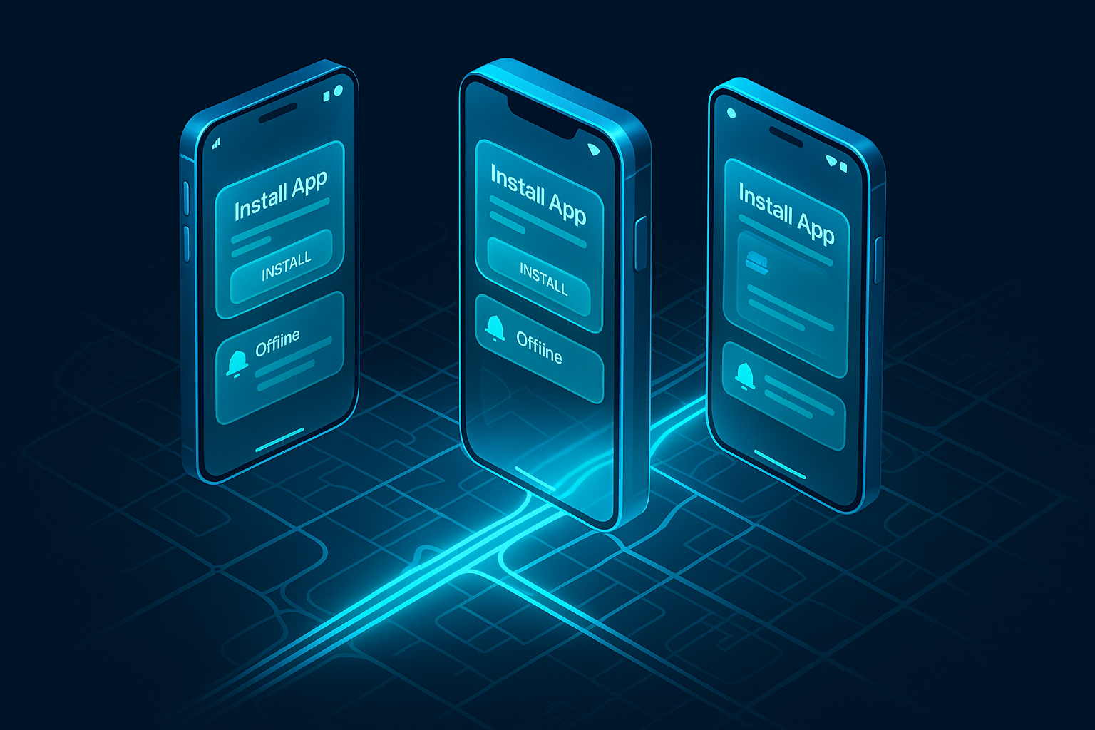 A detailed, futuristic 3D isometric smartphone triad hovering over a neon map of Sheikh Zayed Road, each screen showing a glassmorphic PWA with install prompt, offline badge, and push notification card, bathed in cyan #00D4FF light with subtle depth of field