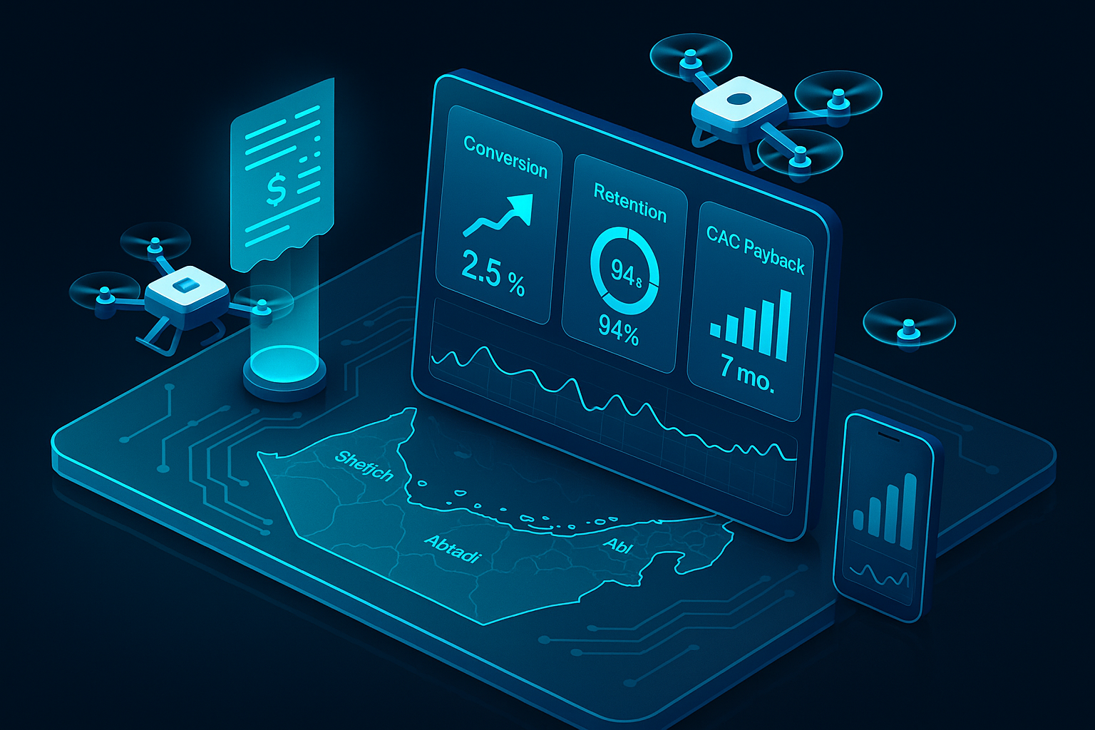 A detailed, futuristic 3D isometric description of a multi device dashboard on a glass table showing KPI tiles for conversion, retention, and CAC payback, with holographic receipts and delivery drones over a stylized Sharjah, Abu Dhabi, and Dubai map in cyan #00D4FF