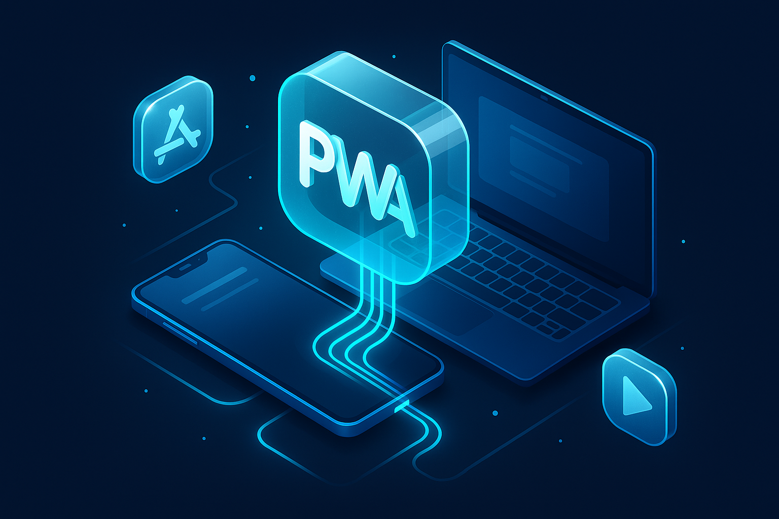 A detailed, futuristic 3D isometric description of a glassy PWA icon docking into a smartphone and a laptop simultaneously, cyan #00D4FF light trails syncing data, with App Store and Google Play style tiles floating nearby