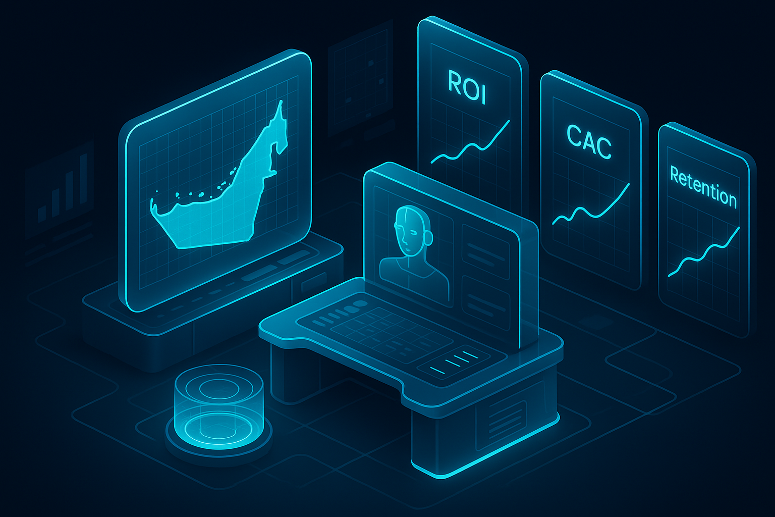 A detailed, futuristic 3D isometric command center with holographic maps of the UAE, an AI copilot panel suggesting product decisions, and cyan trend lines rising across glass dashboards labeled ROI, CAC, and Retention