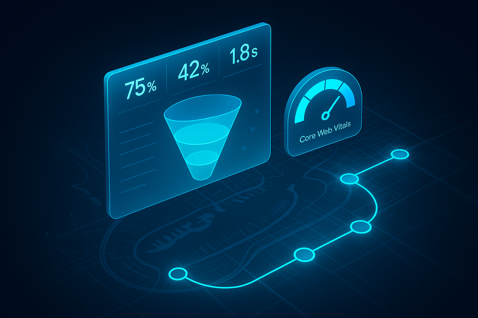 A detailed, futuristic 3D isometric dashboard set over a translucent map of Dubai Marina, with holographic KPIs floating in cyan #00D4FF, conversion funnels, Core Web Vitals gauges, and user journey nodes connected by glowing paths, all in premium glassmorphism style