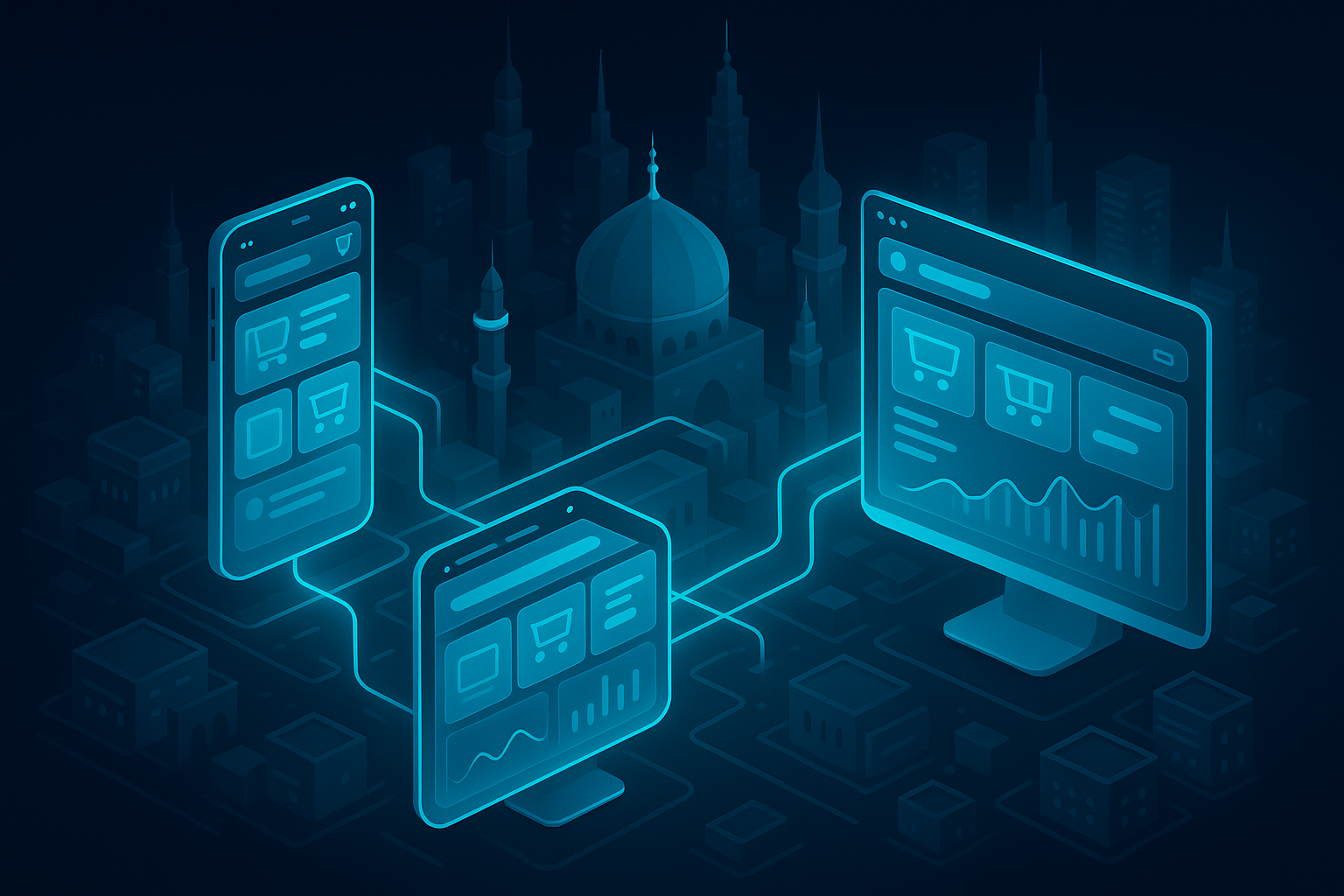 A detailed, futuristic 3D isometric view of a dark mode Middle East cityscape with glowing cyan #00D4FF data streams linking phone, tablet, and desktop screens that display a unified PWA storefront and analytics dashboard in glassmorphism style