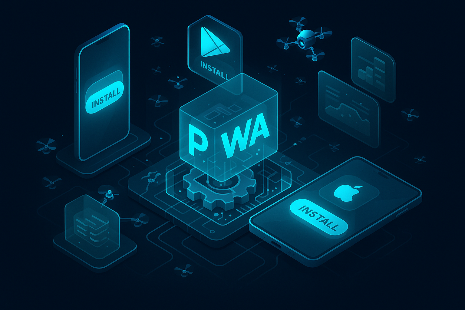 A detailed, futuristic 3D isometric cutaway of a PWA engine powering multiple devices, with glowing cyan install buttons for Google Play and Apple App Store, service workers visualized as tiny drones optimizing caching within glass panels.