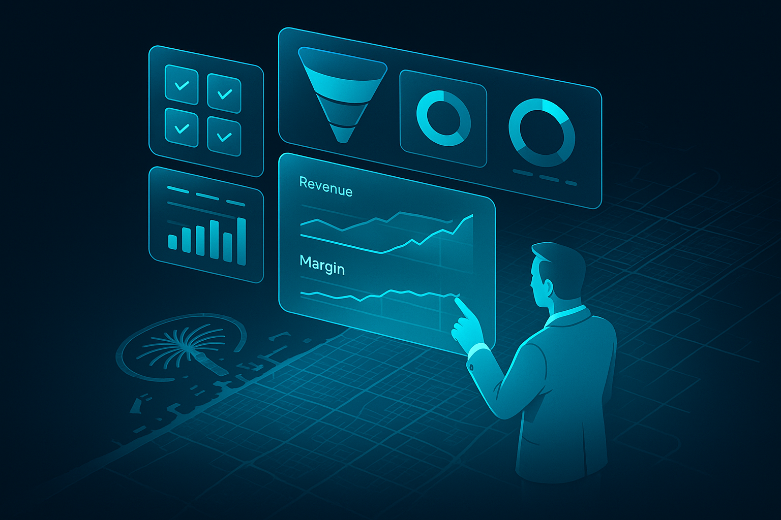 A detailed, futuristic 3D isometric description of a command center dashboard floating above a stylized Dubai map, with cyan KPI tiles, funnel diagrams, and a CFO hand tapping a holographic metric that expands into revenue and margin charts