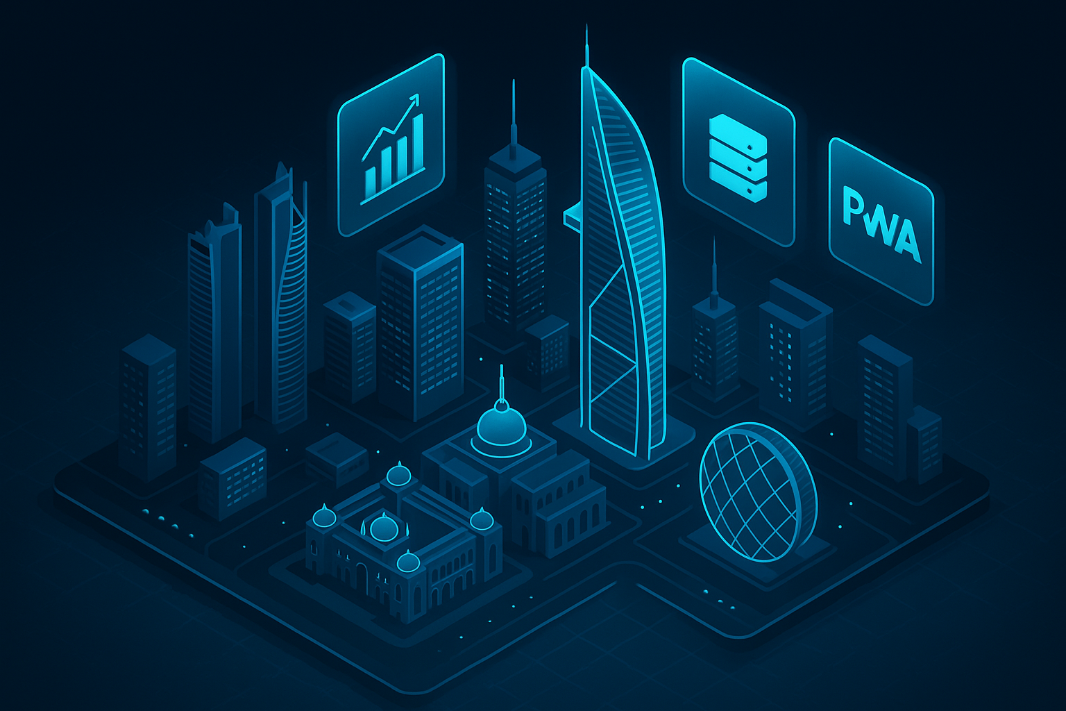 A detailed, futuristic 3D isometric description of an Abu Dhabi skyline at night with cyan #00D4FF glow, glassmorphism panels floating above towers that show KPIs, servers, and PWA icons, all on a dark mode grid.