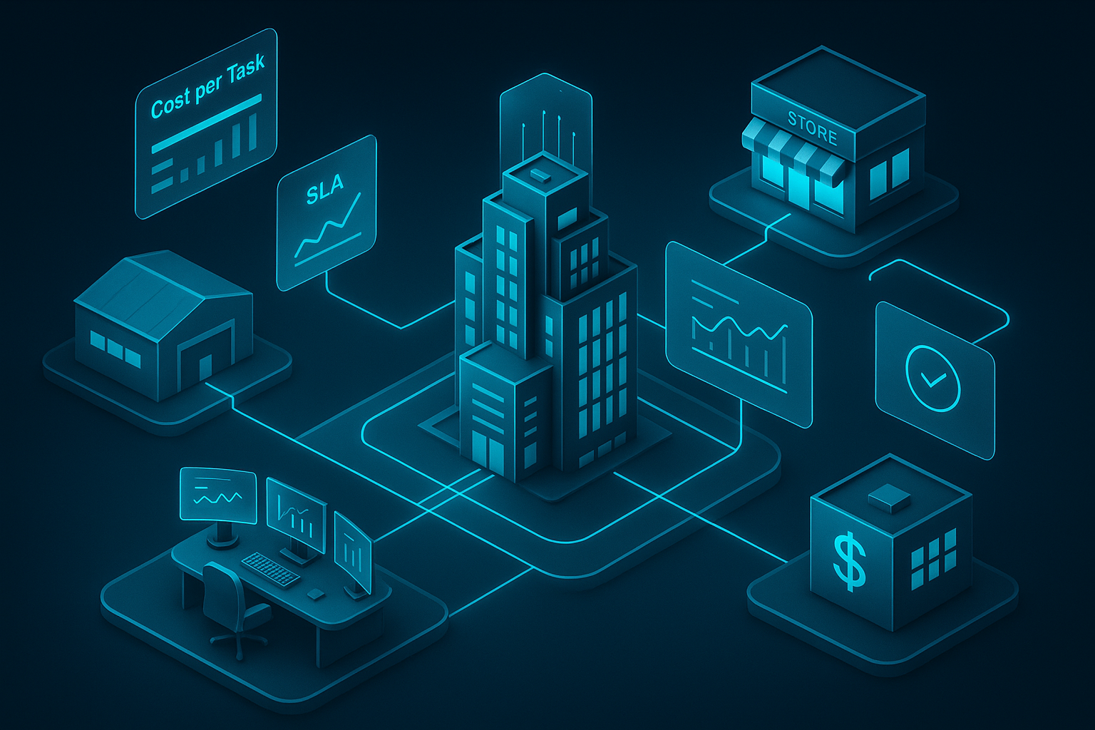 A detailed, futuristic 3D isometric command center of a UAE enterprise in dark mode, with cyan #00D4FF lines connecting warehouses, stores, and a finance hub, dashboards floating in glassmorphism panels showing cost per task and SLA metrics