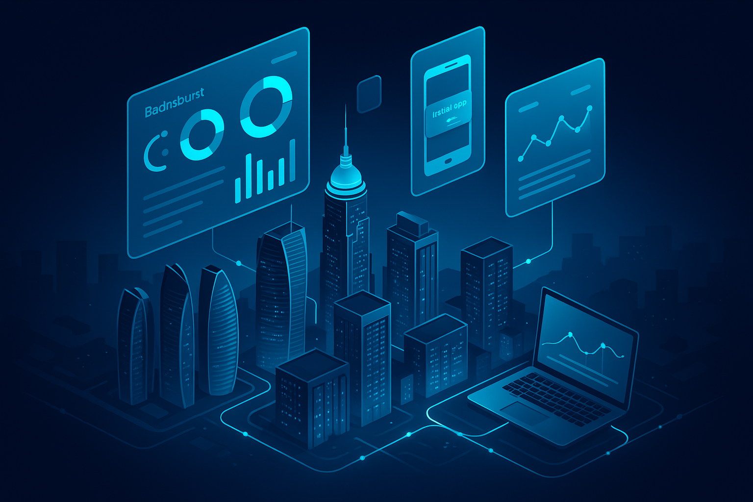 A detailed, futuristic 3D isometric description of Abu Dhabi skyline at dusk with cyan glass panels floating above, showing enterprise dashboards, a PWA install prompt on a phone and laptop, and glowing data links connecting offices across the city