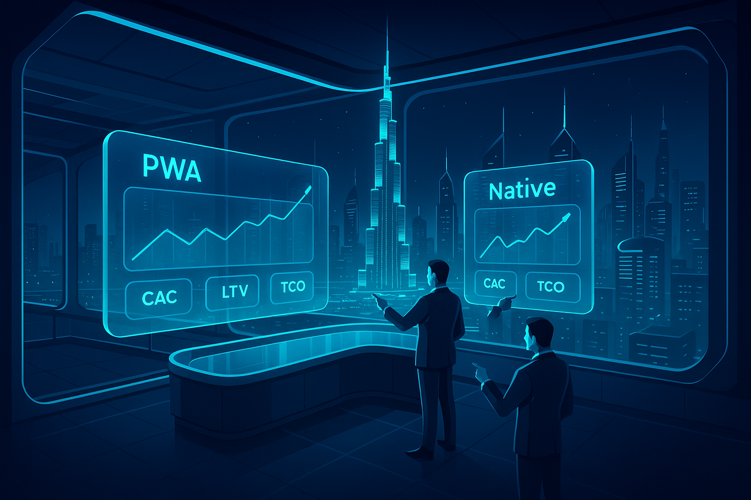A detailed, futuristic 3D isometric illustration of a glassmorphism control room overlooking a neon lit Dubai skyline, with two floating dashboards labeled PWA and Native, each showing KPIs like CAC, LTV, and TCO in cyan #00D4FF holograms, executives in sleek suits pointing at trend lines