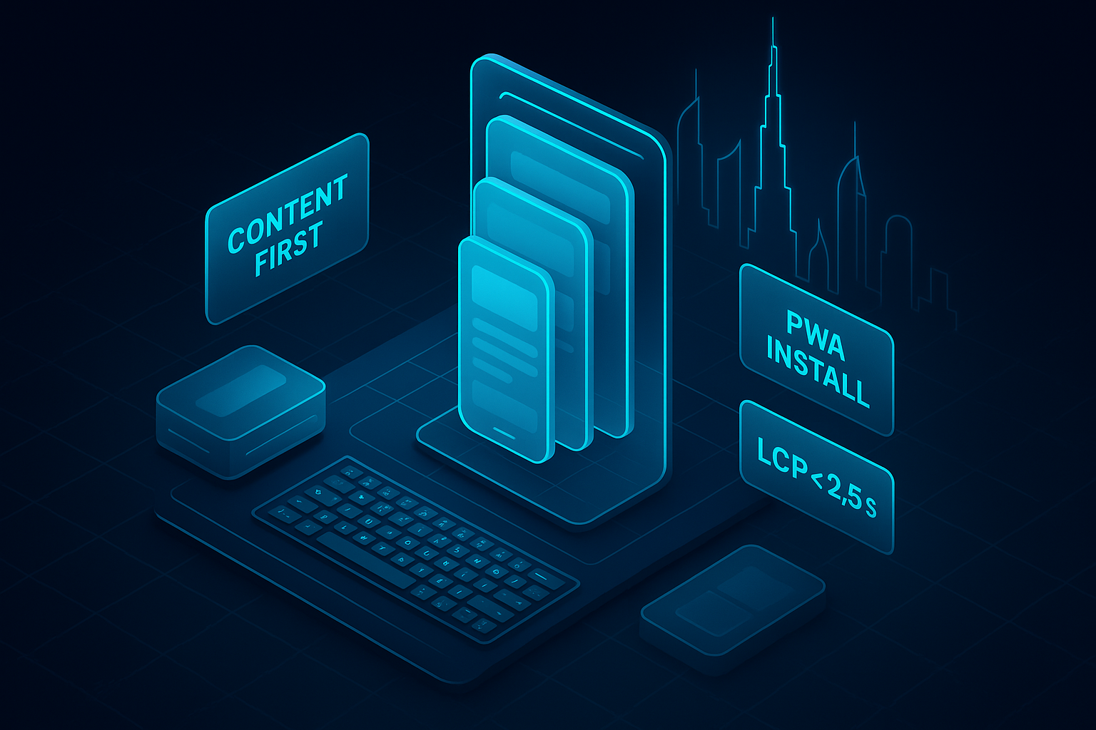 A detailed, futuristic 3D isometric scene of a dark mode developer workstation with holographic mobile screens stacking from small to large, cyan #00D4FF gridlines, glassmorphism panels labeled “Content First”, “PWA Install”, and “LCP < 2.5s”, with a subtle Dubai skyline neon outline in the background.