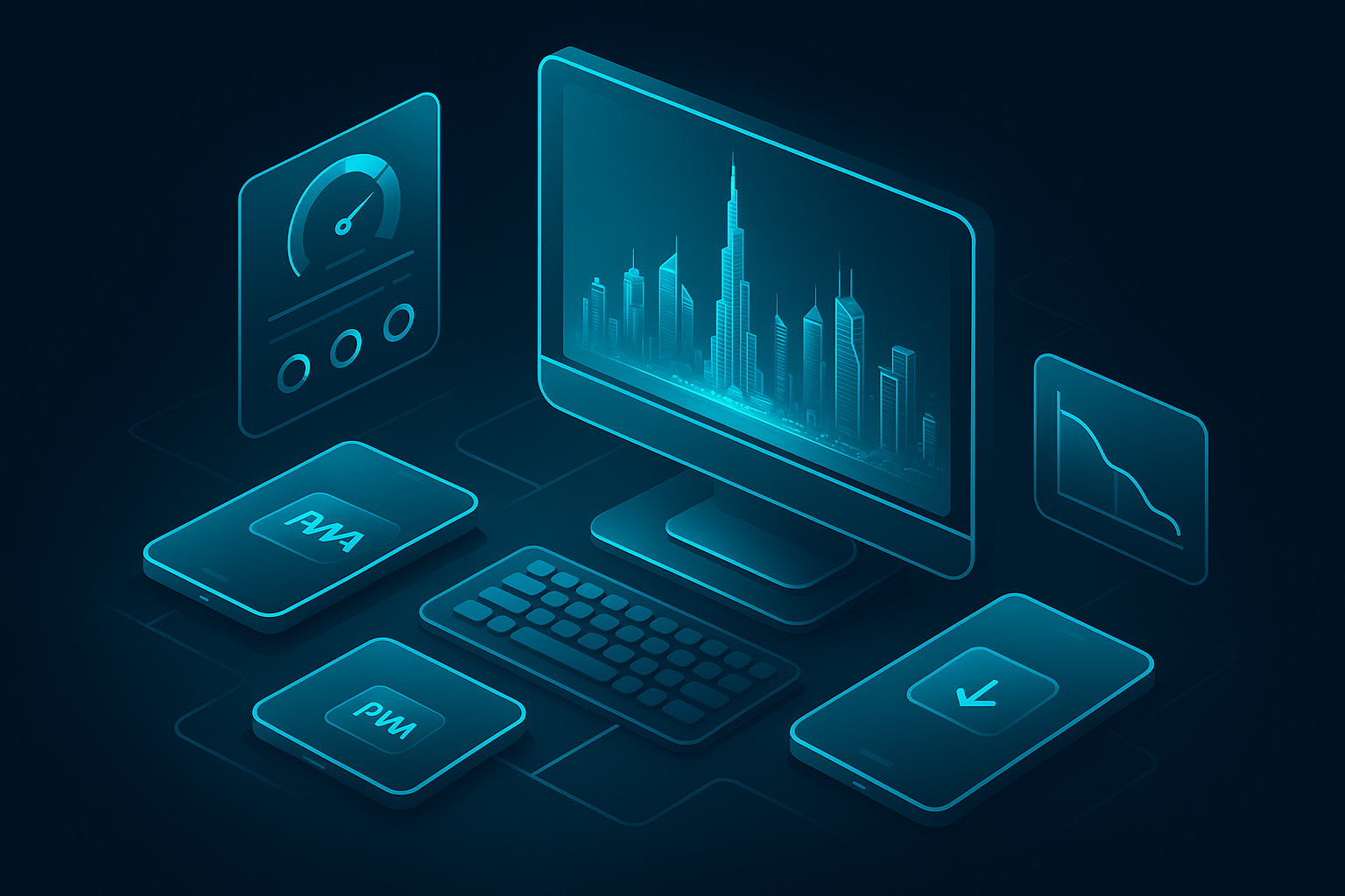 A detailed, futuristic 3D isometric description of a dark mode command center with cyan #00D4FF accents, showing a Dubai skyline hologram, ROI gauges, cost curves, and a PWA icon installing onto multiple devices in one motion