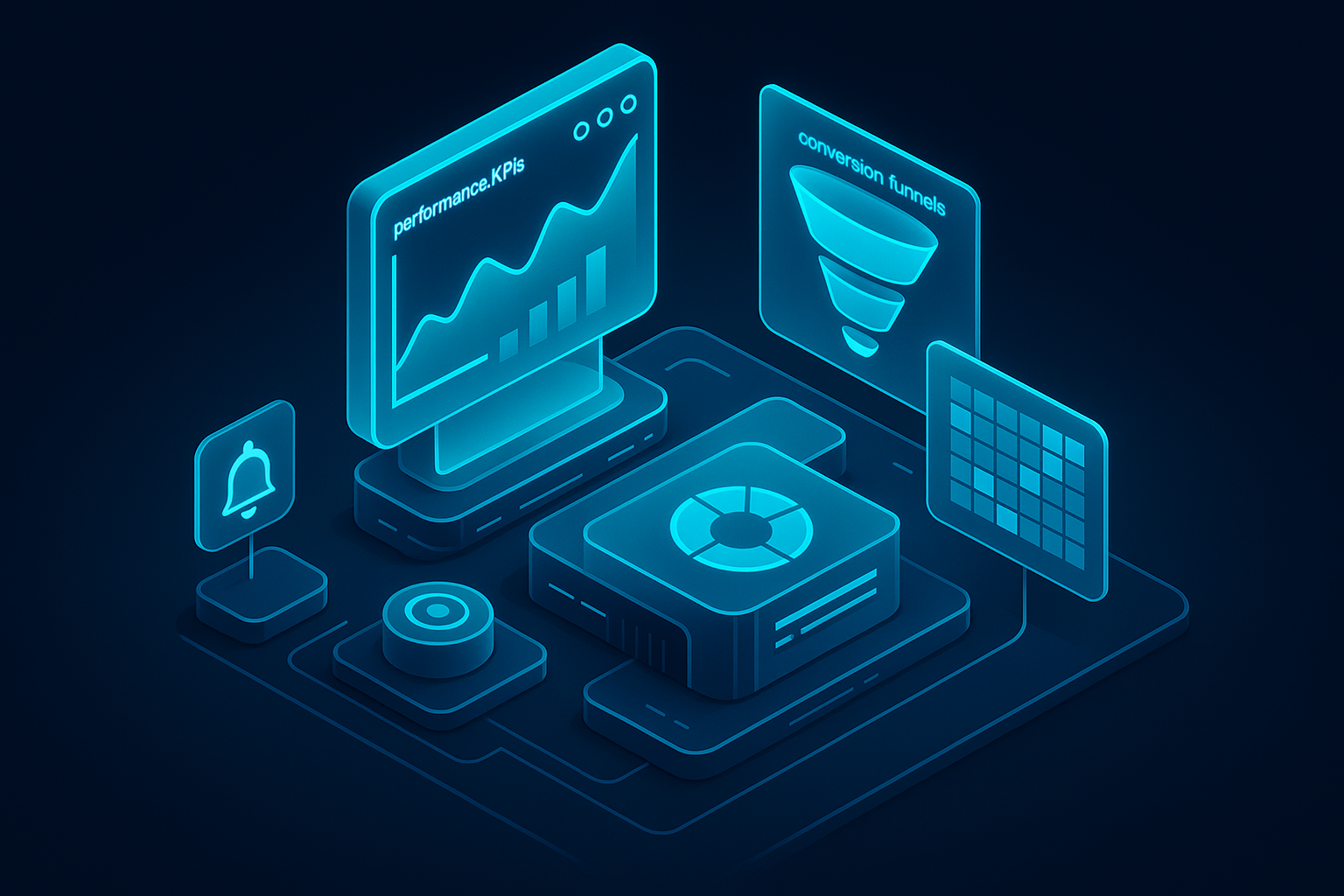 A detailed, futuristic 3D isometric description of a glassmorphism analytics command center showing real time KPIs, conversion funnels, inventory heatmaps, and PWA push notification orchestration, all glowing with cyan #00D4FF accents