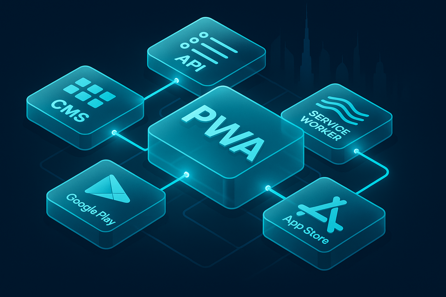 A detailed, futuristic 3D isometric blueprint of a PWA stack in glassmorphism, with modules for CMS, API, service worker, and app store cards for Google Play and App Store, glowing cyan connectors, and a Dubai skyline silhouette in the background