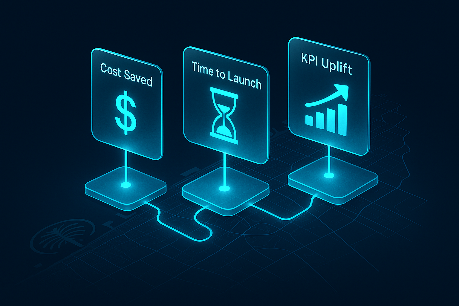 A detailed, futuristic 3D isometric description of three UAE case studies as holographic tiles hovering over a dark map of Dubai, each tile shows cost saved, time to launch, and KPI uplift with glowing cyan #00D4FF connectors