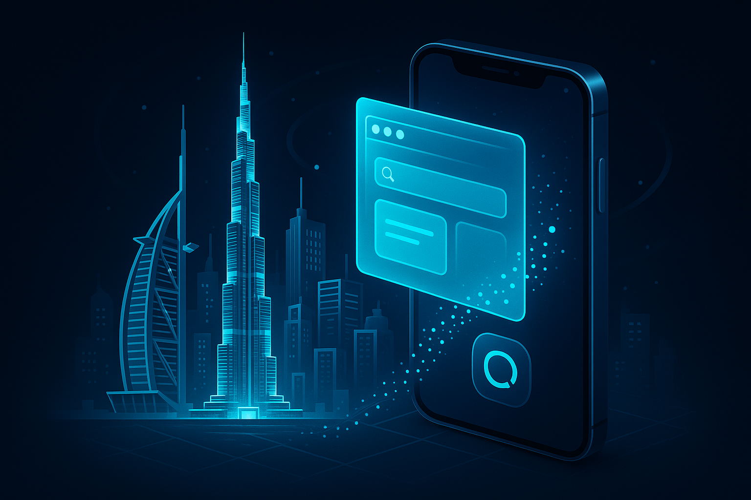 A detailed, futuristic 3D isometric illustration of a Dubai skyline at night, with a glowing cyan #00D4FF web card sliding seamlessly into a premium smartphone frame, data particles streaming between browser and app icons in a glassmorphism environment