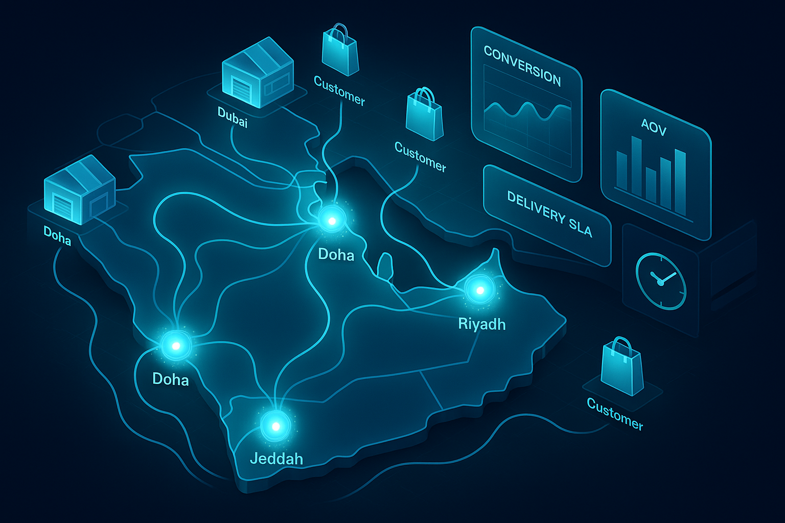 A detailed, futuristic 3D isometric map of the GCC with glowing city nodes for Dubai, Abu Dhabi, Riyadh, Jeddah, and Doha, cyan #00D4FF data streams linking warehouses to customers, glassmorphism UI panels showing conversion, AOV, and delivery SLAs, dark mode enterprise dashboard