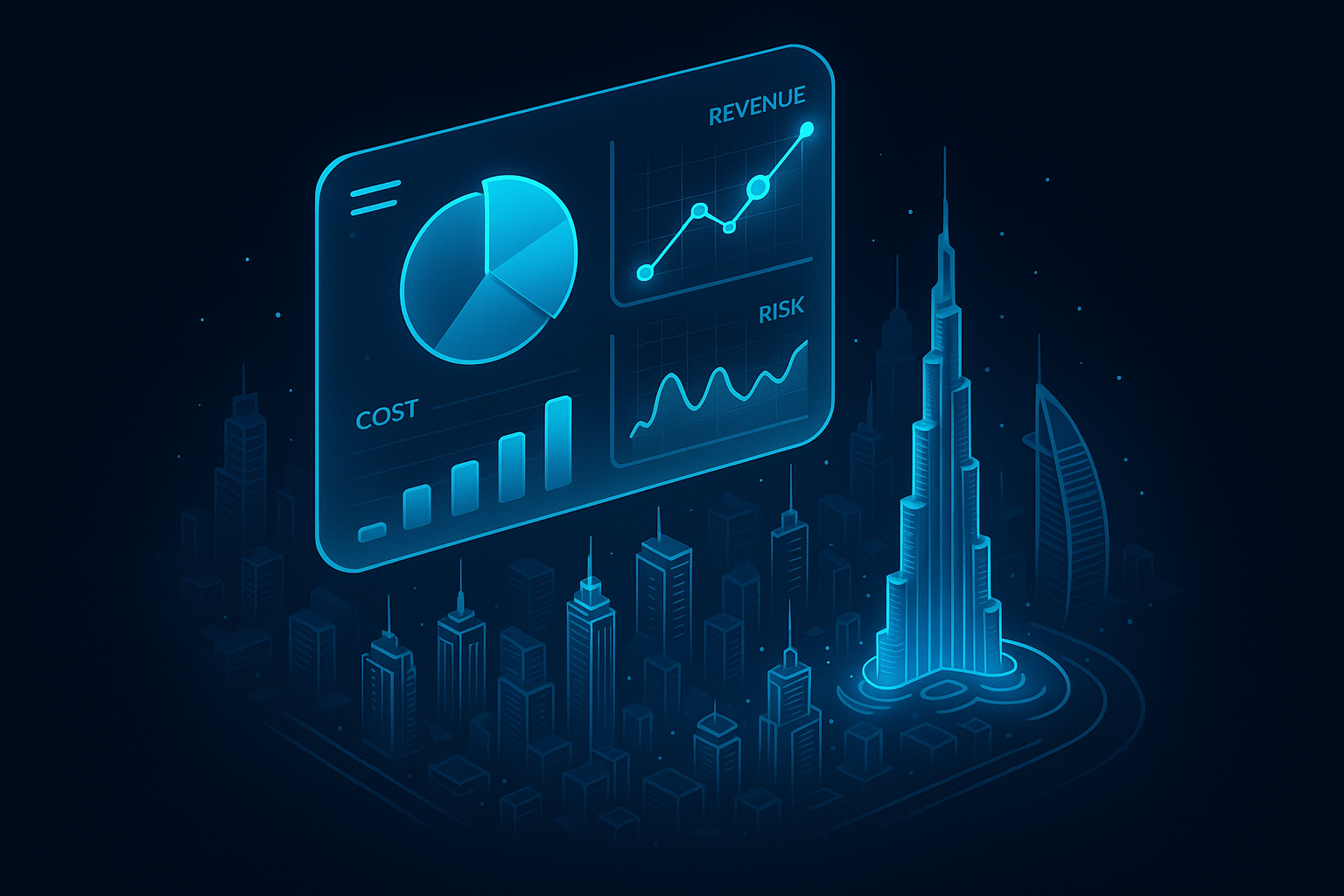 A detailed, futuristic 3D isometric description of a CEO dashboard floating above a stylized Dubai skyline with cyan holographic charts for cost, revenue, and risk, rendered in glassmorphism on a dark canvas