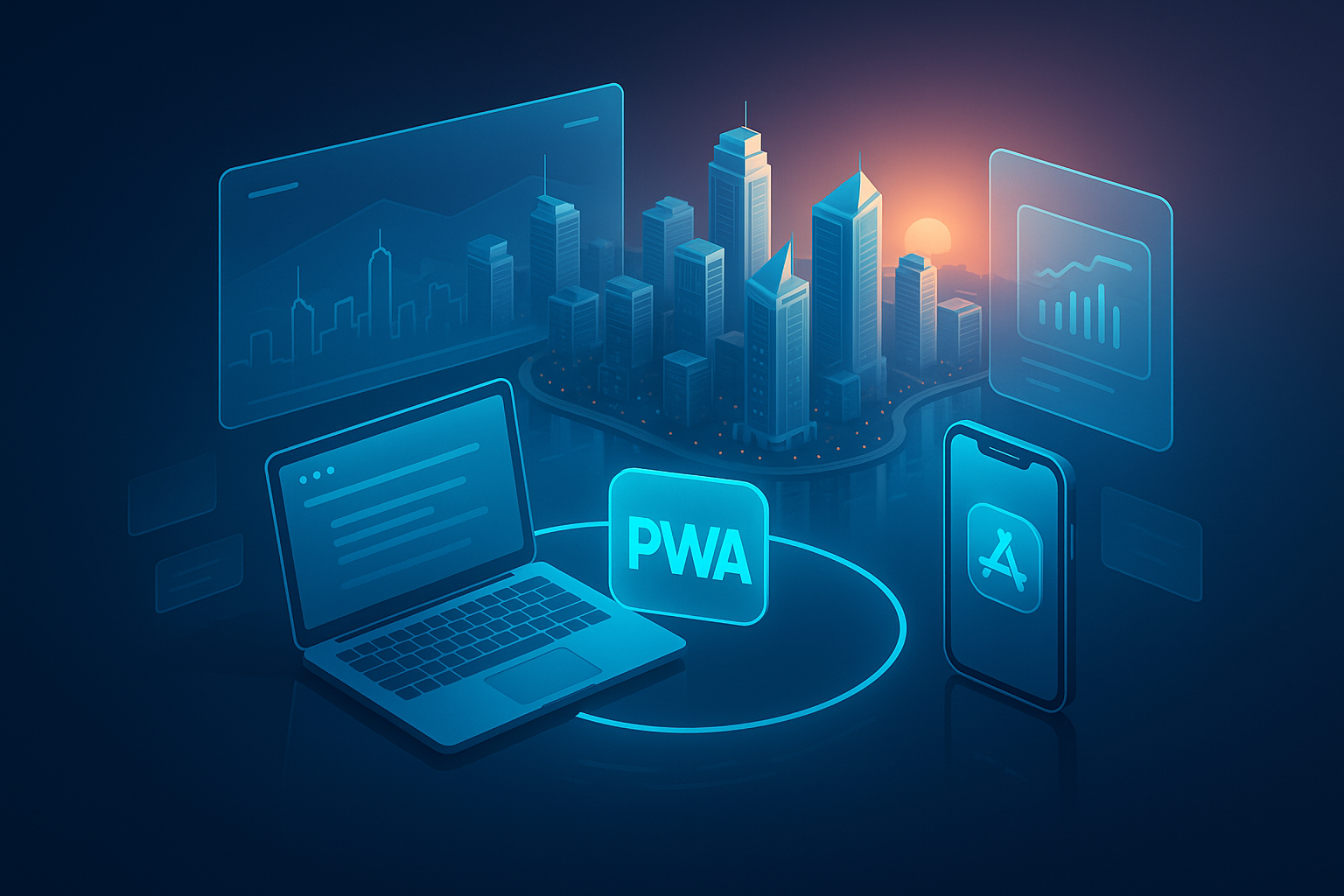 A detailed, futuristic 3D isometric illustration of Dubai Marina at sunrise, with translucent glass UI panels floating above the water, a glowing cyan #00D4FF PWA icon linking a website on a laptop to an app icon on a smartphone, subtle reflections and depth of field