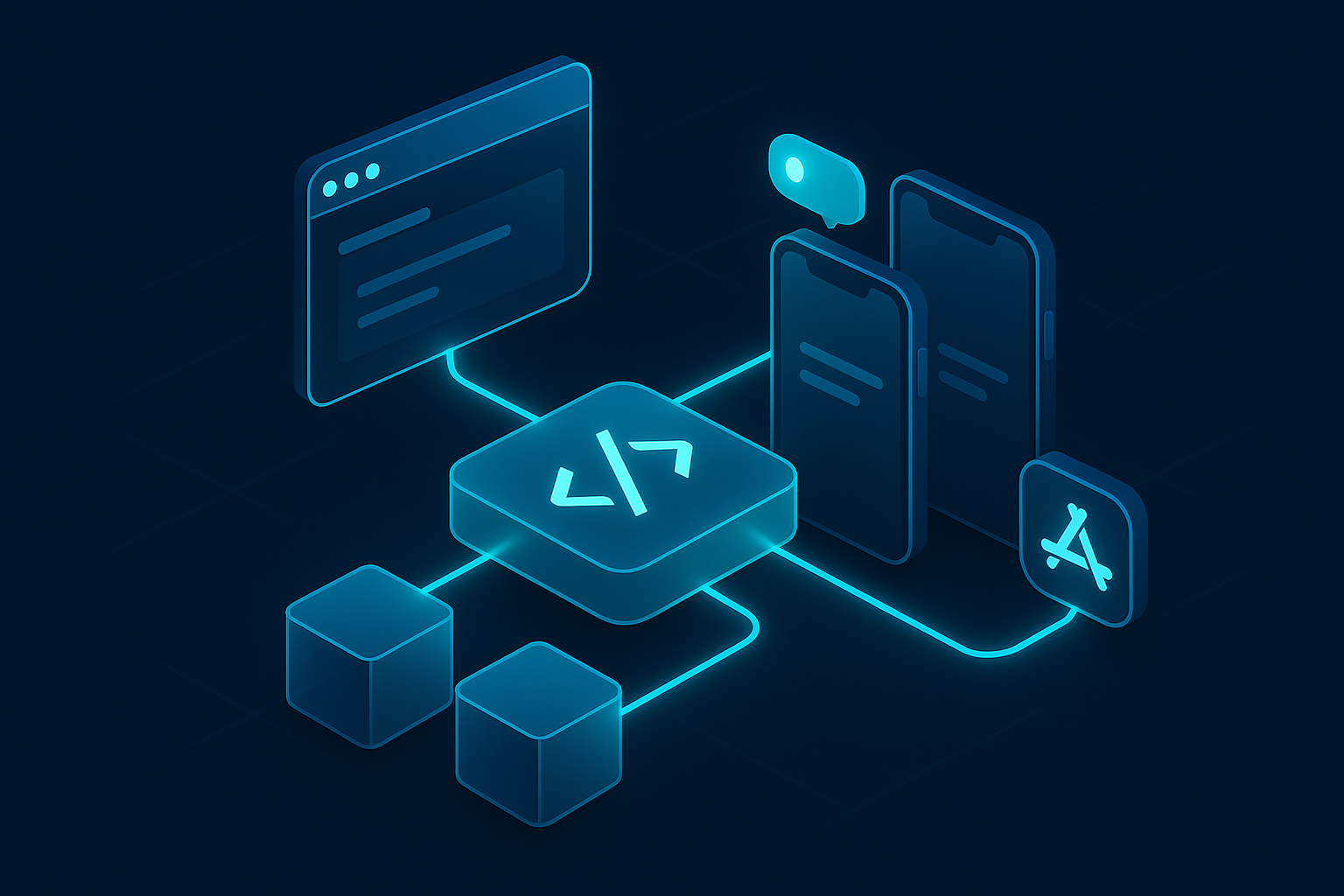 A detailed, futuristic 3D isometric diagram of a unified codebase feeding both a browser window and two smartphones, with glowing cyan #00D4FF connection lines, showing push notifications, offline cache cubes, and app store badges hovering in dark mode