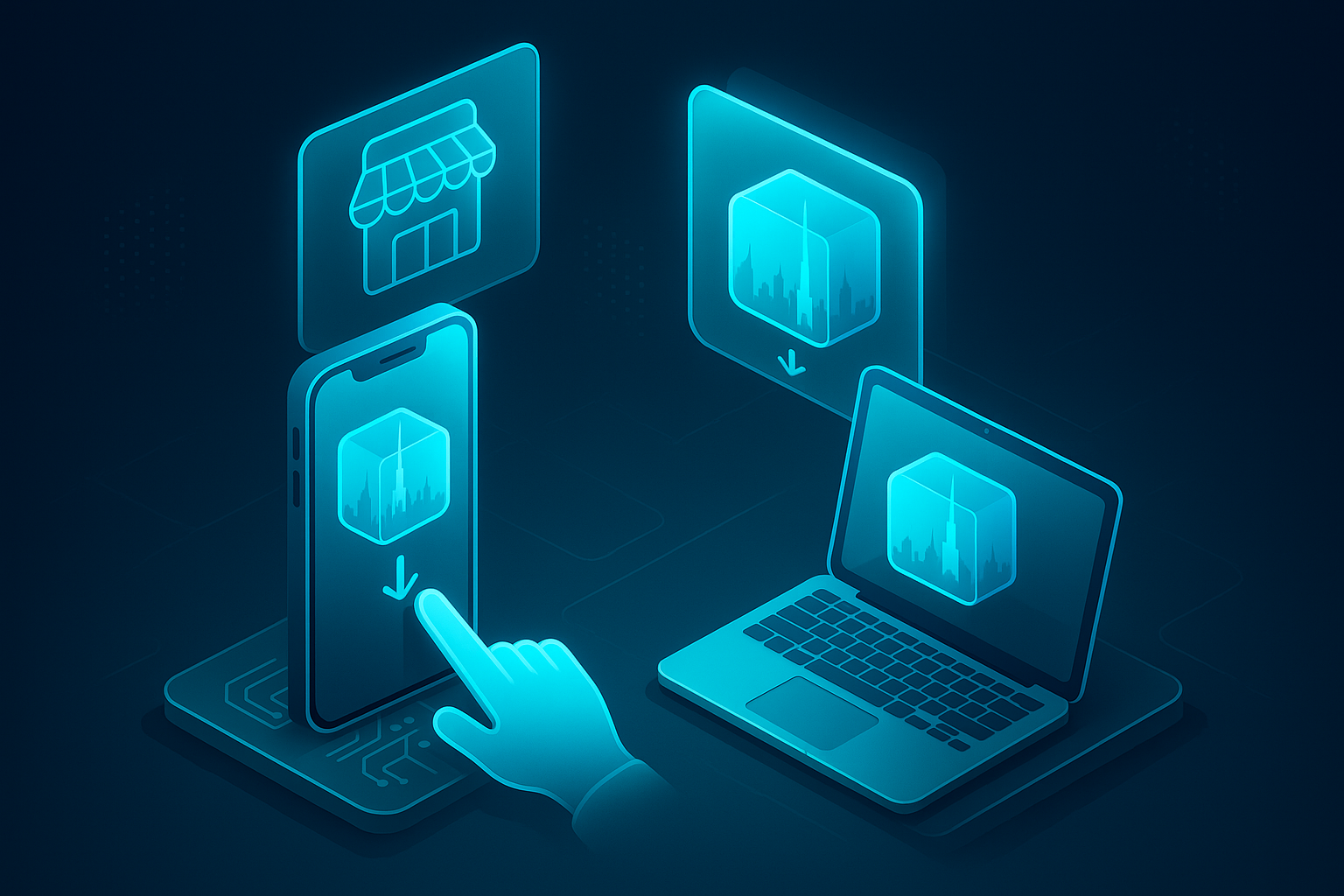A detailed, futuristic 3D isometric description of a PWA being installed from app stores onto phones and laptops, glassmorphism cards glow in cyan #00D4FF, with Dubai skyline reflections and touch interactions