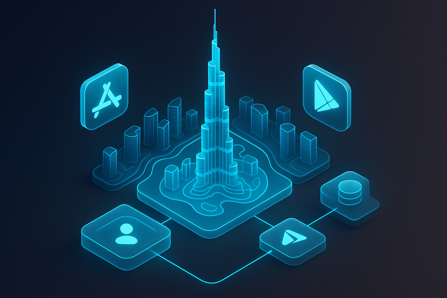 A detailed, futuristic 3D isometric description of Dubai Marina and Burj Khalifa formed by translucent app tiles, a cyan #00D4FF service worker node routing traffic to edge CDNs, and floating App Store and Google Play glyphs, all in glassmorphism with soft neon reflections on a dark gradient background