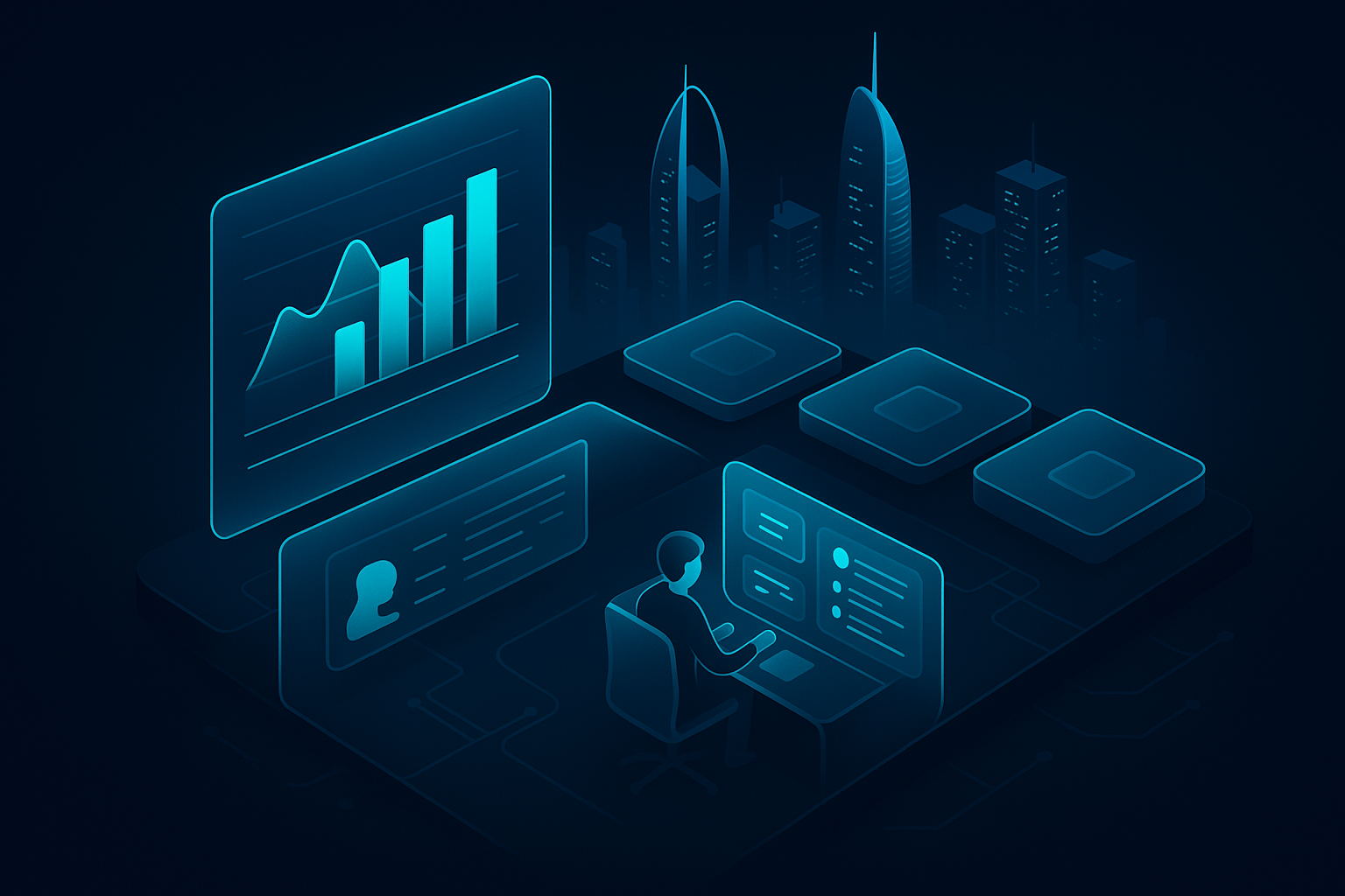 A detailed, futuristic 3D isometric description of a real time analytics command center overlooking Abu Dhabi, holographic KPI charts with cyan highlights, AI assistant panels triaging support tickets, and PWA tiles for different business units, in glassmorphism dark mode