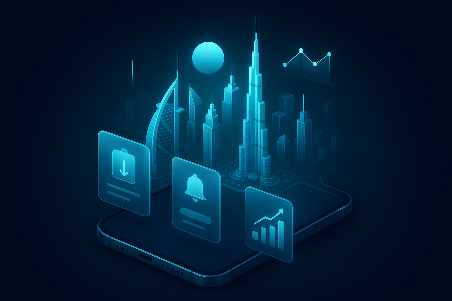 A detailed, futuristic 3D isometric description of a Dubai skyline at sunrise with cyan holographic charts floating above a sleek PWA enabled phone, showcasing install prompts, push notifications, and conversion analytics in a glassmorphism dark UI
