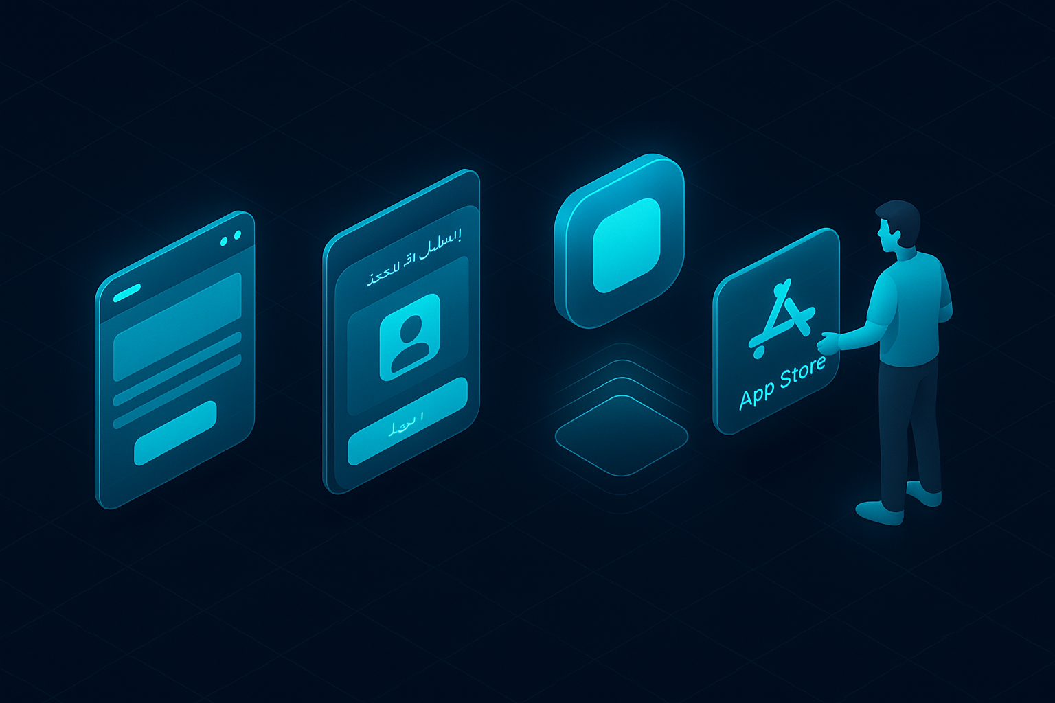 A detailed, futuristic 3D isometric sequence showing a user installing a PWA that morphs from a website into an app icon, with Google Play and App Store style cues, glassmorphism cards, Arabic and English UI, and a cyan #00D4FF glow against a dark mode grid