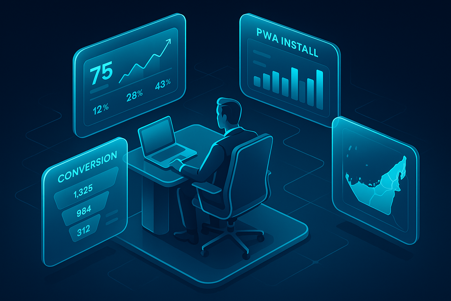 A detailed, futuristic 3D isometric description of a CEO analytics command center, floating glass dashboards with KPIs in cyan, PWA install metrics, conversion funnels, and a map of Abu Dhabi glowing softly in dark mode