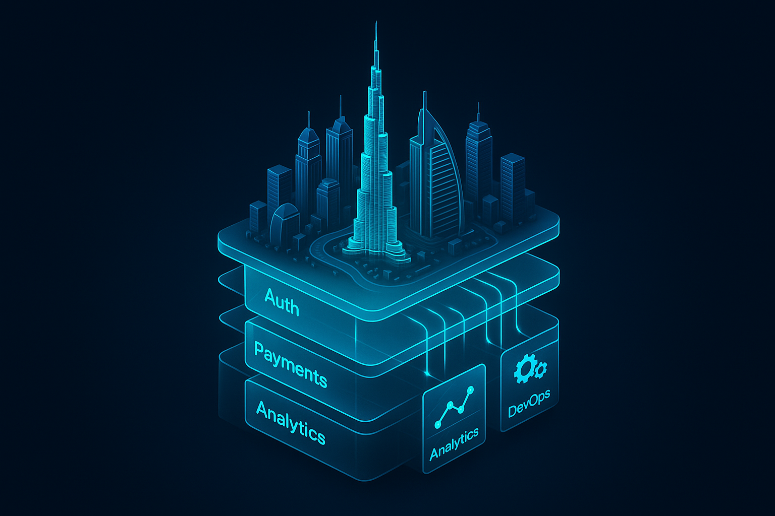 A detailed, futuristic 3D isometric diagram of a Dubai skyline morphing into layered app architecture, with glowing cyan #00D4FF data flows, glass panels labeled Auth, Payments, Analytics, and DevOps, all floating in a premium dark mode scene.