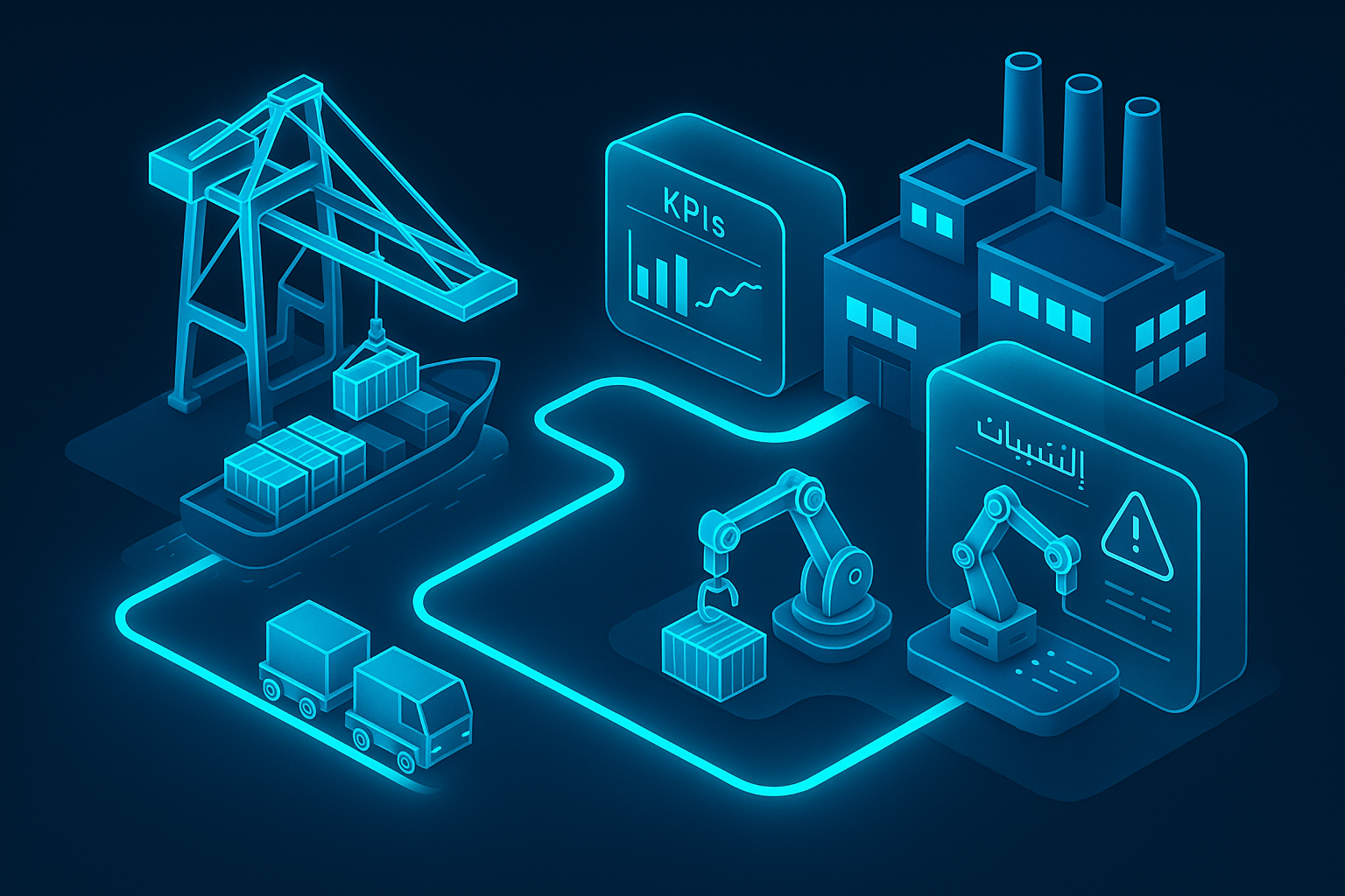 A detailed, futuristic 3D isometric description of an automated port and smart factory linked by glowing cyan routes, containers moving via autonomous vehicles, robotic arms, and glassmorphism control rooms that display optimization KPIs and alerts in Arabic and English.