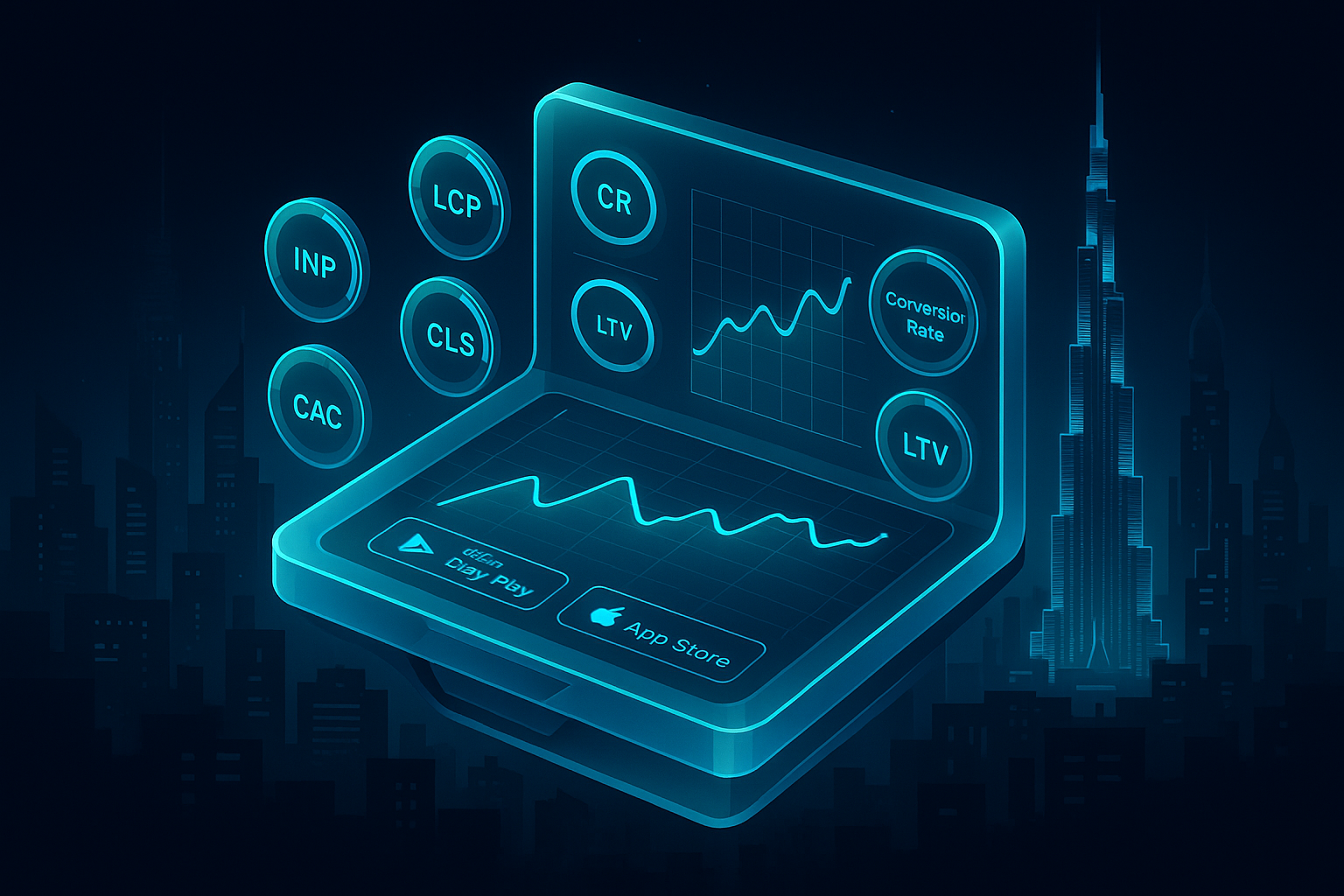 A detailed, futuristic 3D isometric description of a glassmorphic analytics cockpit floating over a dark Dubai skyline, with holographic gauges for LCP, INP, CLS, conversion rate, CAC, and LTV glowing in cyan #00D4FF, plus PWA install buttons for Google Play and App Store.