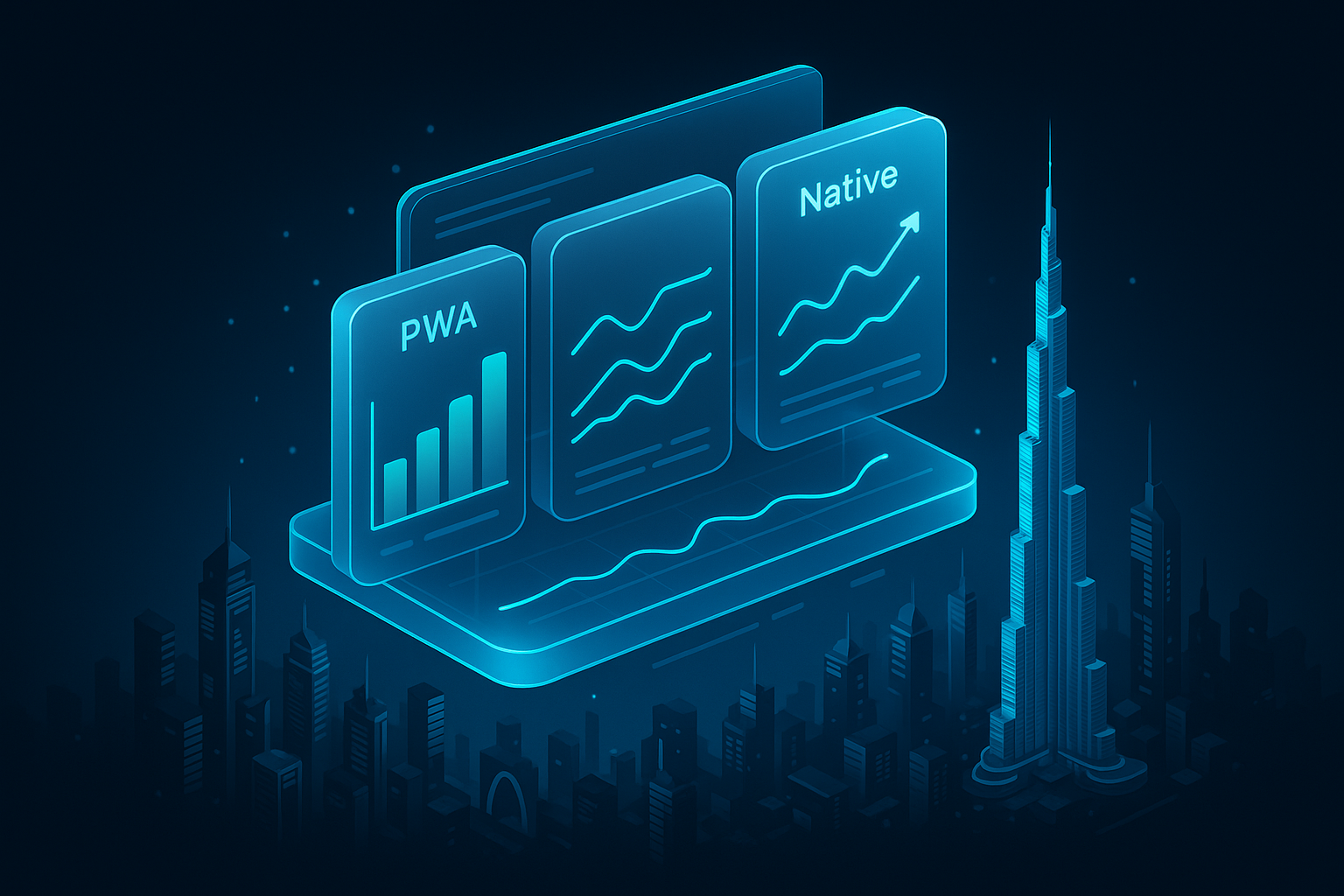 A detailed, futuristic 3D isometric dashboard floating above a Dubai skyline, glassmorphism cards compare PWA and Native metrics, cyan data lines for cost, conversion, and retention, premium neon accents