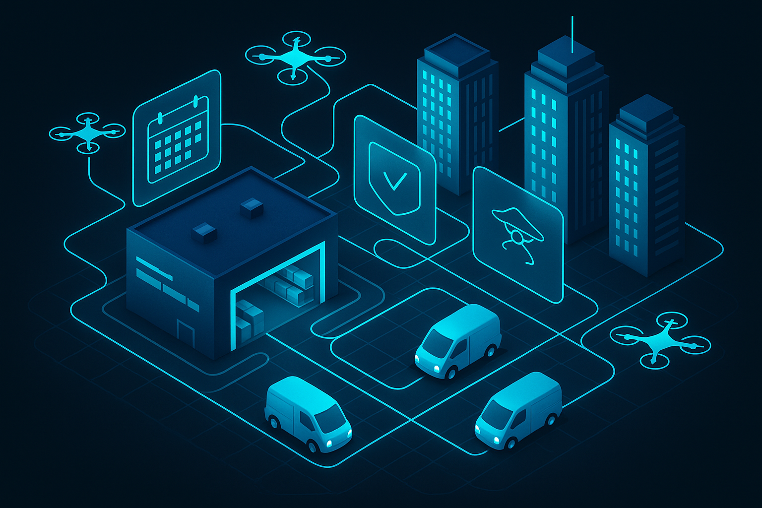 A detailed, futuristic 3D isometric warehouse and city grid, with autonomous vans, drone icons, and cyan routing lines connecting micro fulfillment hubs to high rise towers, overlaid with glass UI panels for delivery slots and return approvals.