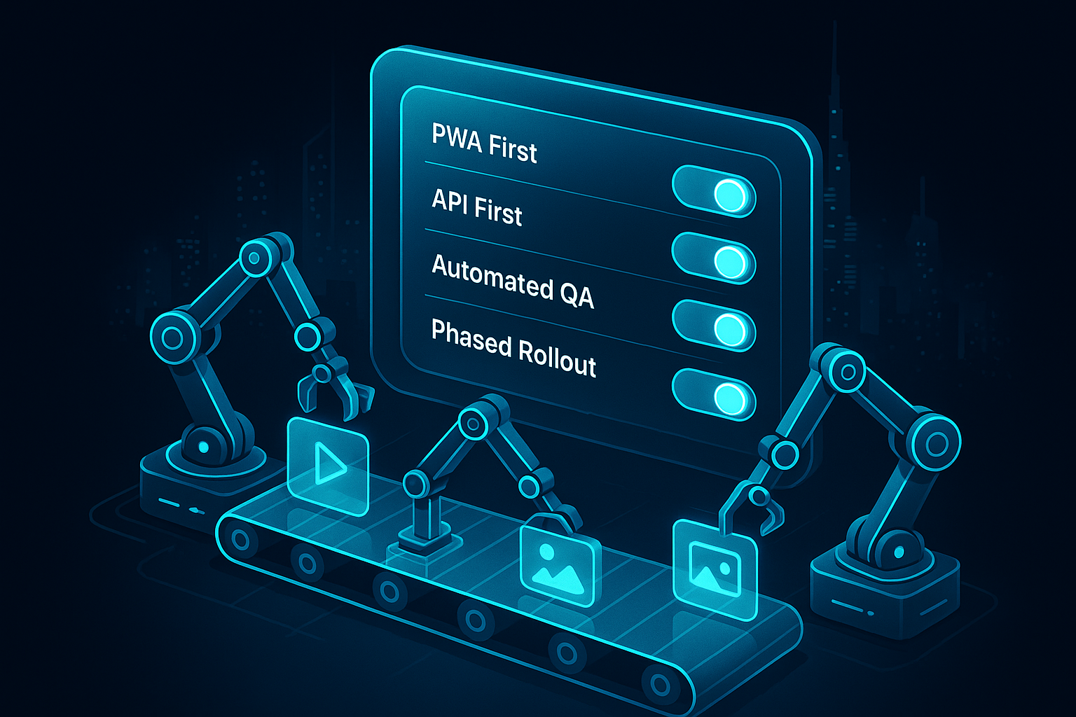 A detailed, futuristic 3D isometric description of a glass dashboard with cyan #00D4FF toggles showing cost savings levers: PWA first, API first, automated QA, phased rollout; robotic arms assembling app modules on a translucent conveyor with Dubai city lights in the background