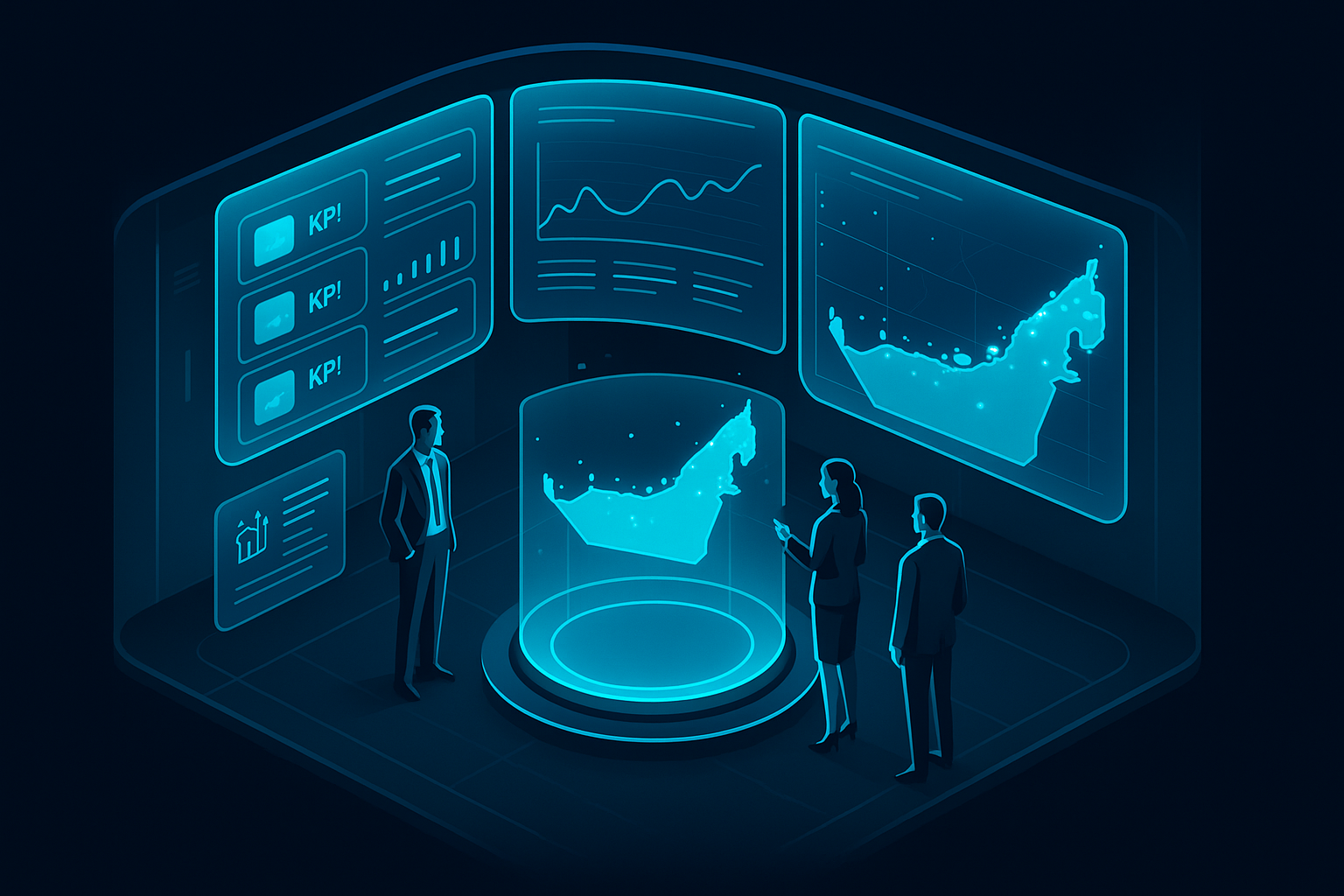 A detailed, futuristic 3D isometric description of a command center with curved holographic dashboards, KPI tiles in cyan #00D4FF, real time maps of UAE cities, and executives reviewing AI insights in a dark glassmorphism room