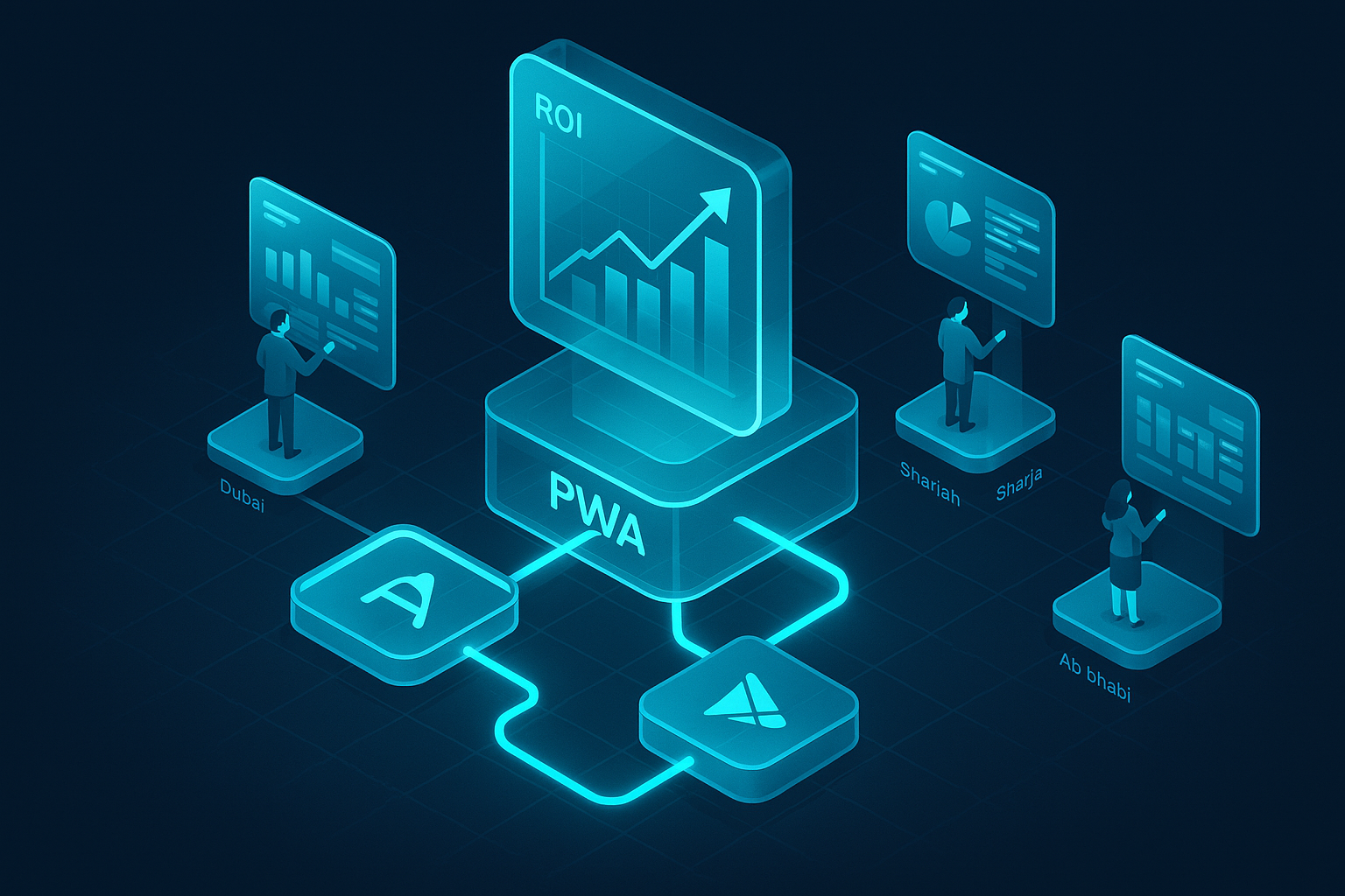 A detailed, futuristic 3D isometric description of a translucent analytics command center with cyan #00D4FF graphs showing rising ROI, a PWA pipeline branching to web and both app stores, and tiny figures labeled Dubai, Abu Dhabi, Sharjah reviewing dashboards on glass panels.