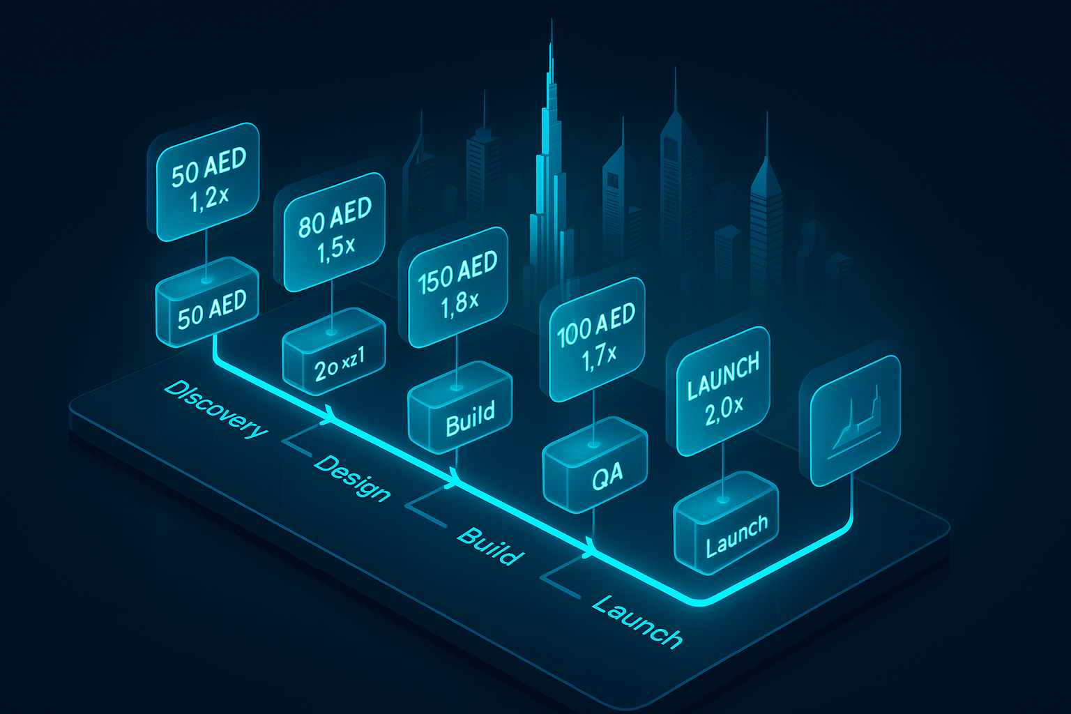 A cinematic 3D isometric timeline floating above a dark glass surface, with glowing cyan milestones labeled Discovery, Design, Build, QA, Launch, and arrows connecting cost chips that expand to show AED figures and ROI multipliers, set against a stylized Dubai skyline.