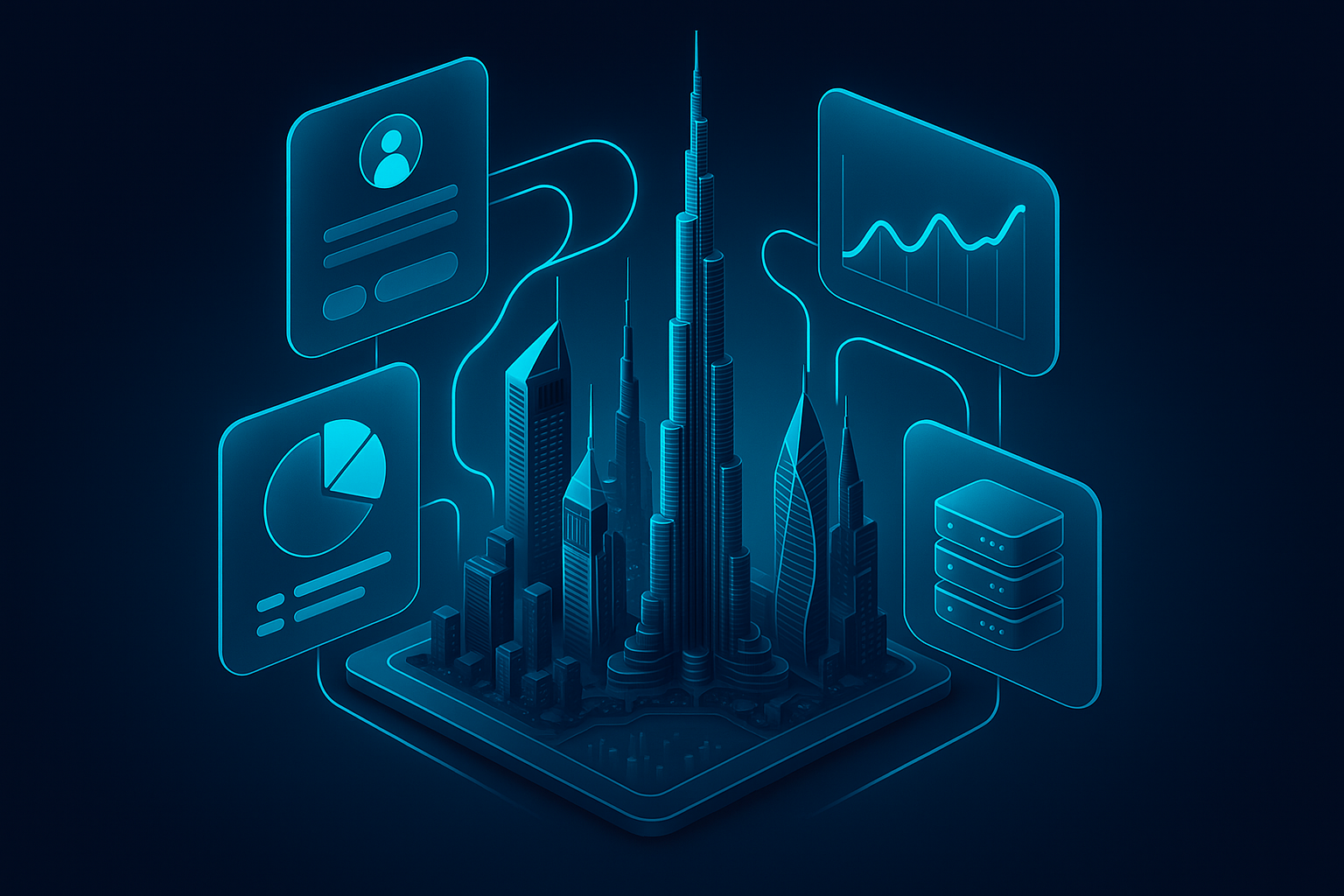 A detailed, futuristic 3D isometric view of a dark mode Dubai skyline with glowing cyan #00D4FF data streams connecting app screens, cost charts, and servers within translucent glass panels, showcasing a premium glassmorphism interface.