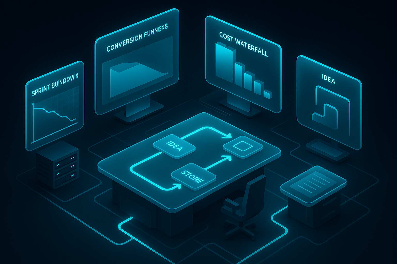 A detailed, futuristic 3D isometric war room with glassmorphism screens showing sprint burndown, conversion funnels, and a cost waterfall; neon cyan #00D4FF highlights track a PWA shipping path from idea to store install.