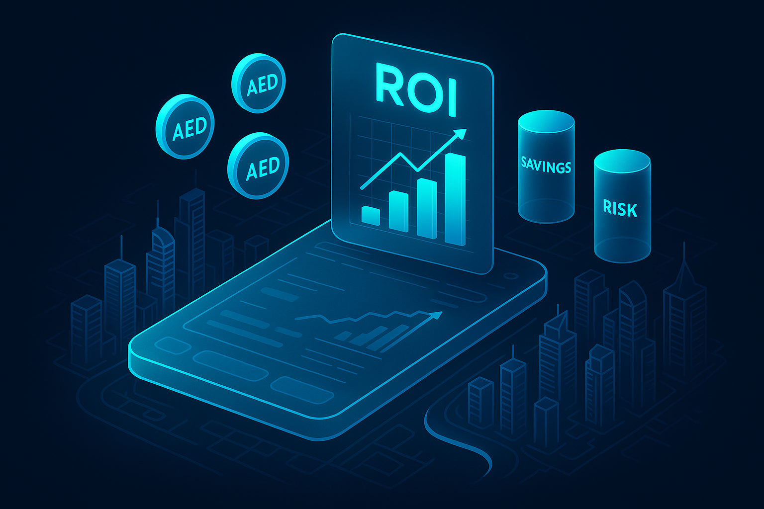 A detailed, futuristic 3D isometric description of a holographic ROI calculator overlaying a glass app interface, with cyan #00D4FF graphs rising, currency tokens labeled AED, and three pillars labeled Revenue, Savings, Risk, all floating above a stylized Dubai Marina