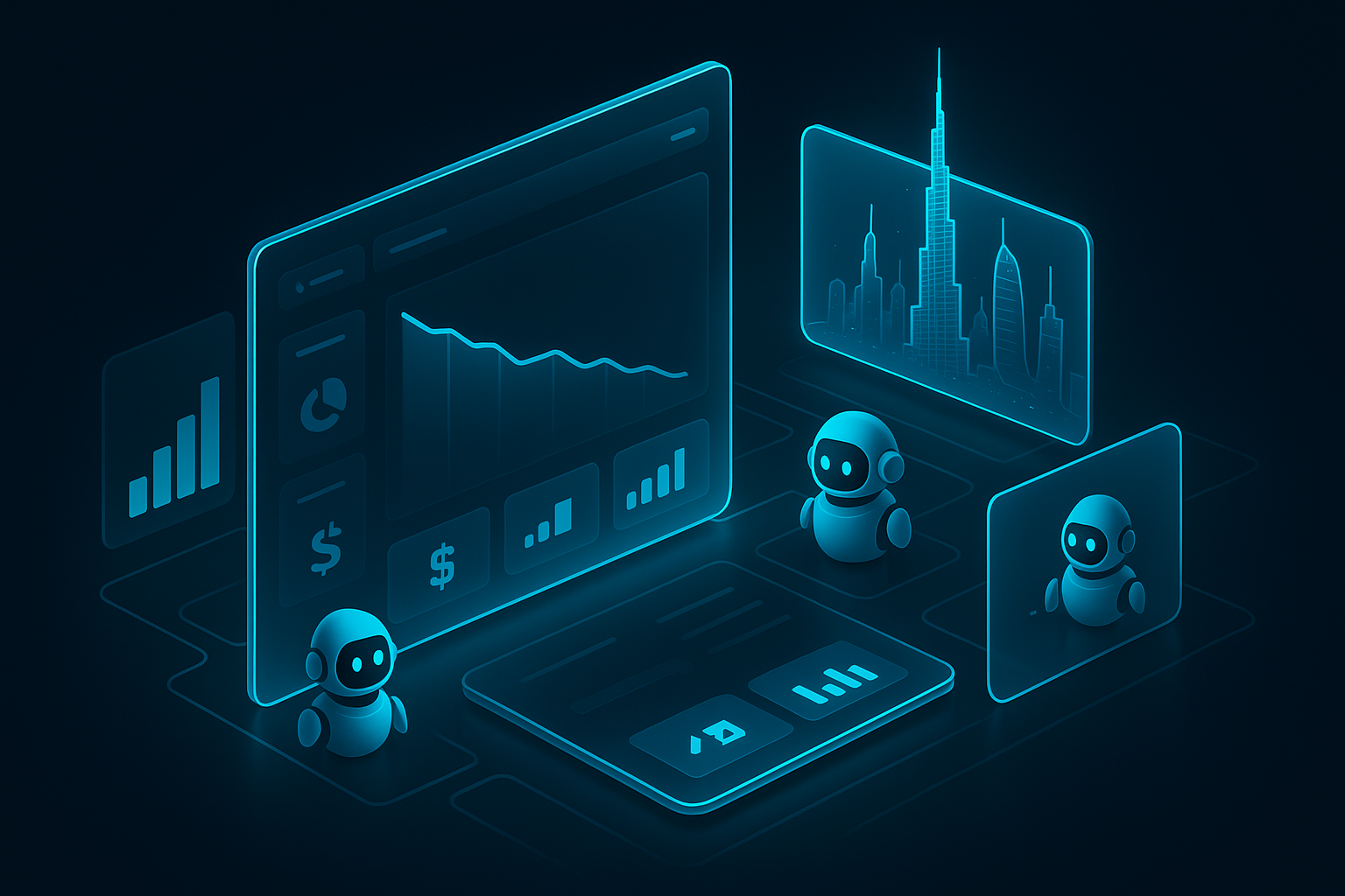 A detailed, futuristic 3D isometric scene of a CEO dashboard in dark mode with cyan accents, showing cost KPIs dropping as AI bots automate tasks across finance, sales, and support; Dubai skyline hologram in the background; glass panels with blur and neon cyan edges.