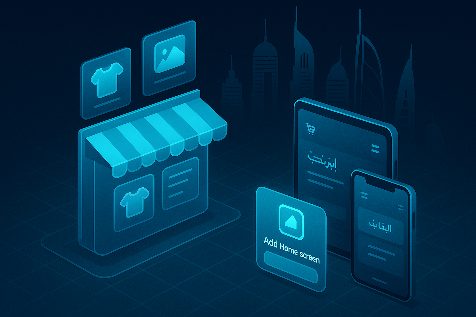 A detailed, futuristic 3D isometric description of a glassmorphism storefront with floating product cards, a cyan #00D4FF glow illuminating a PWA add to home screen prompt, and a dual language Arabic and English interface on phone and tablet, set against a stylized Abu Dhabi skyline.