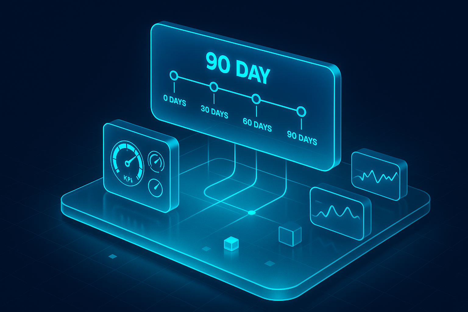 A detailed, futuristic 3D isometric description of a 90 day roadmap as a holographic timeline with milestones, KPI dials, and model monitoring widgets, all floating above a glassmorphism surface with cyan #00D4FF glows.